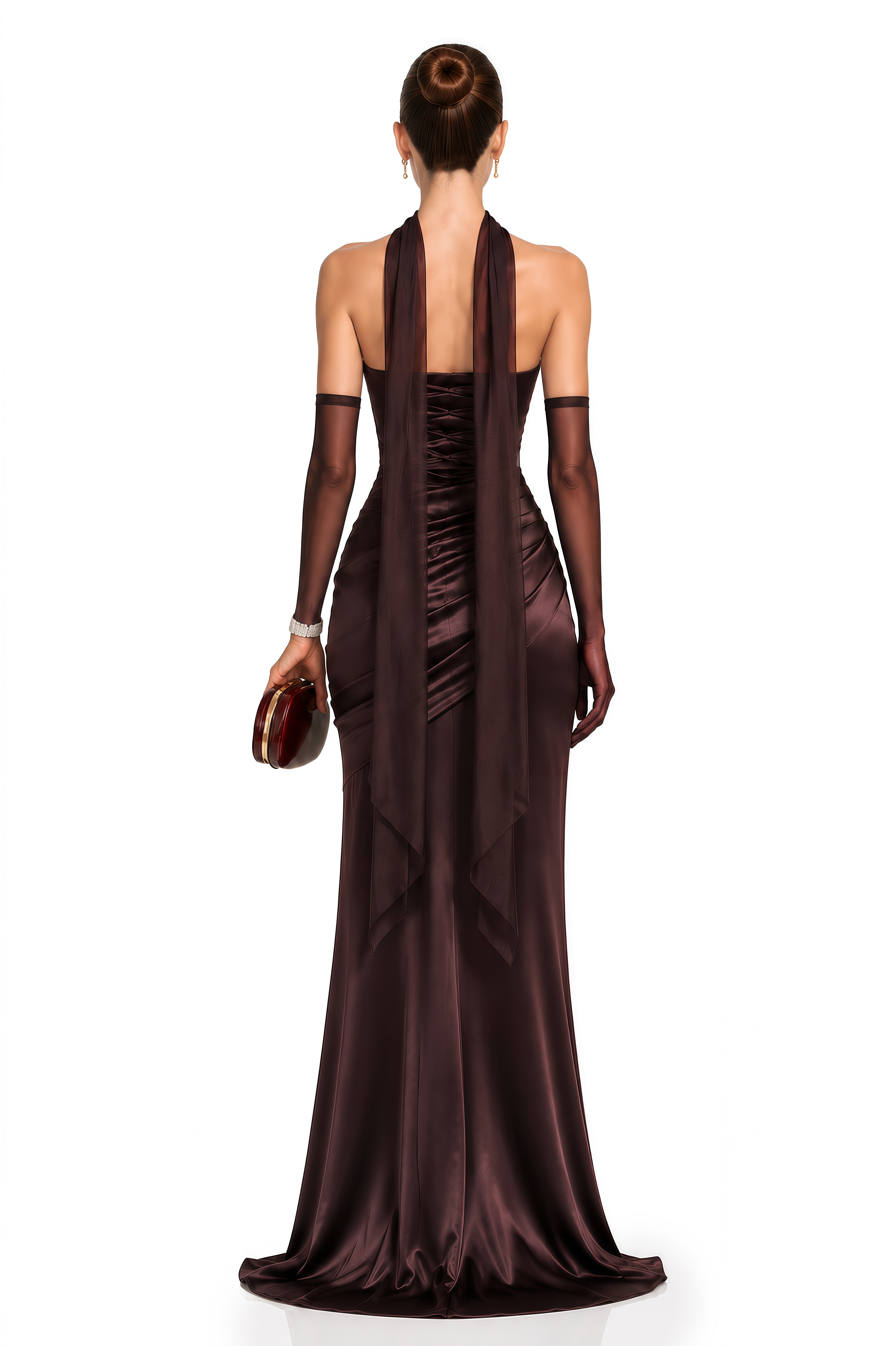 Marilou Brown Ruched Satin Maxi Dress  (Without Gloves)