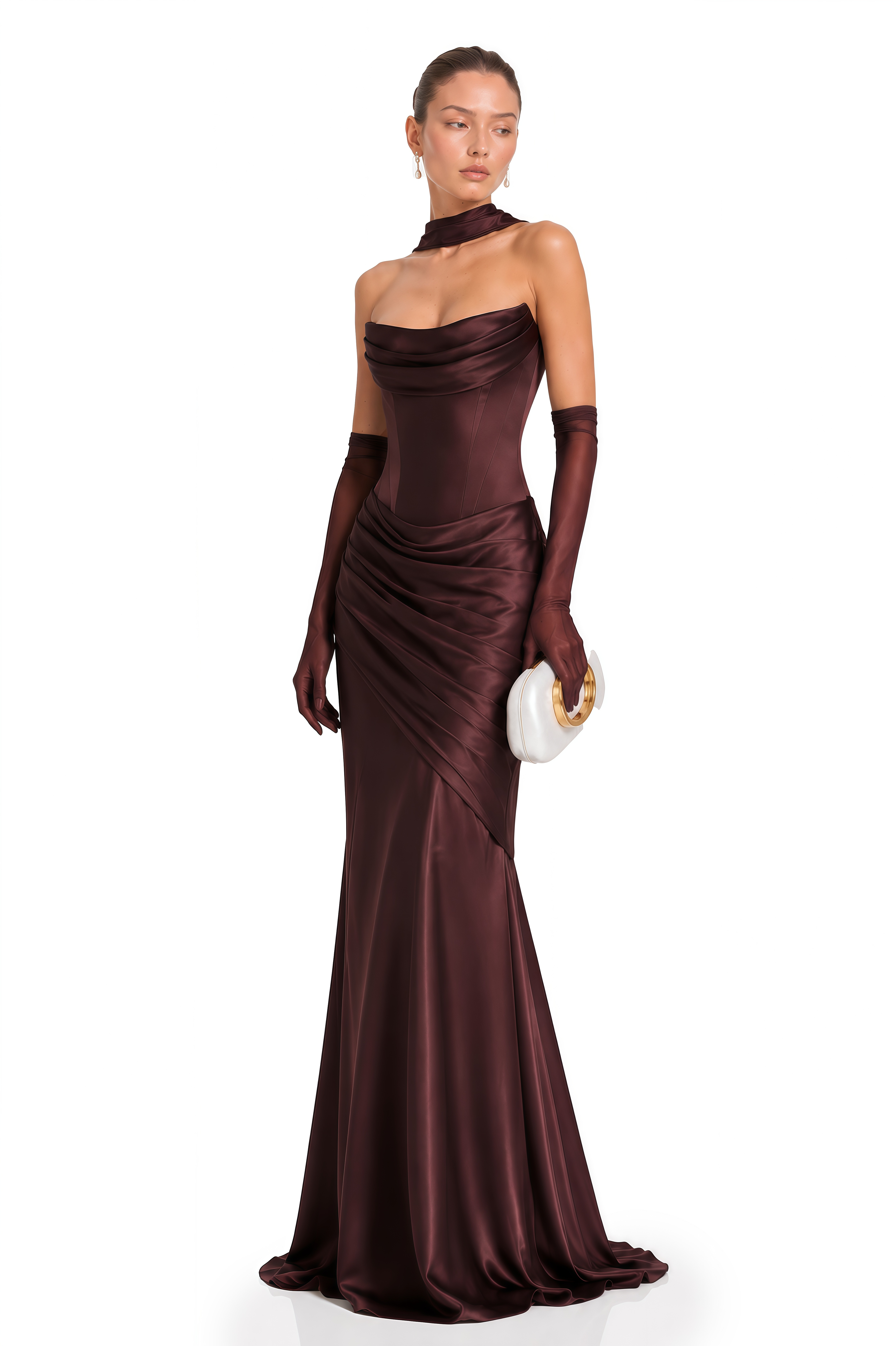 Marilou Brown Ruched Satin Maxi Dress  (Without Gloves)