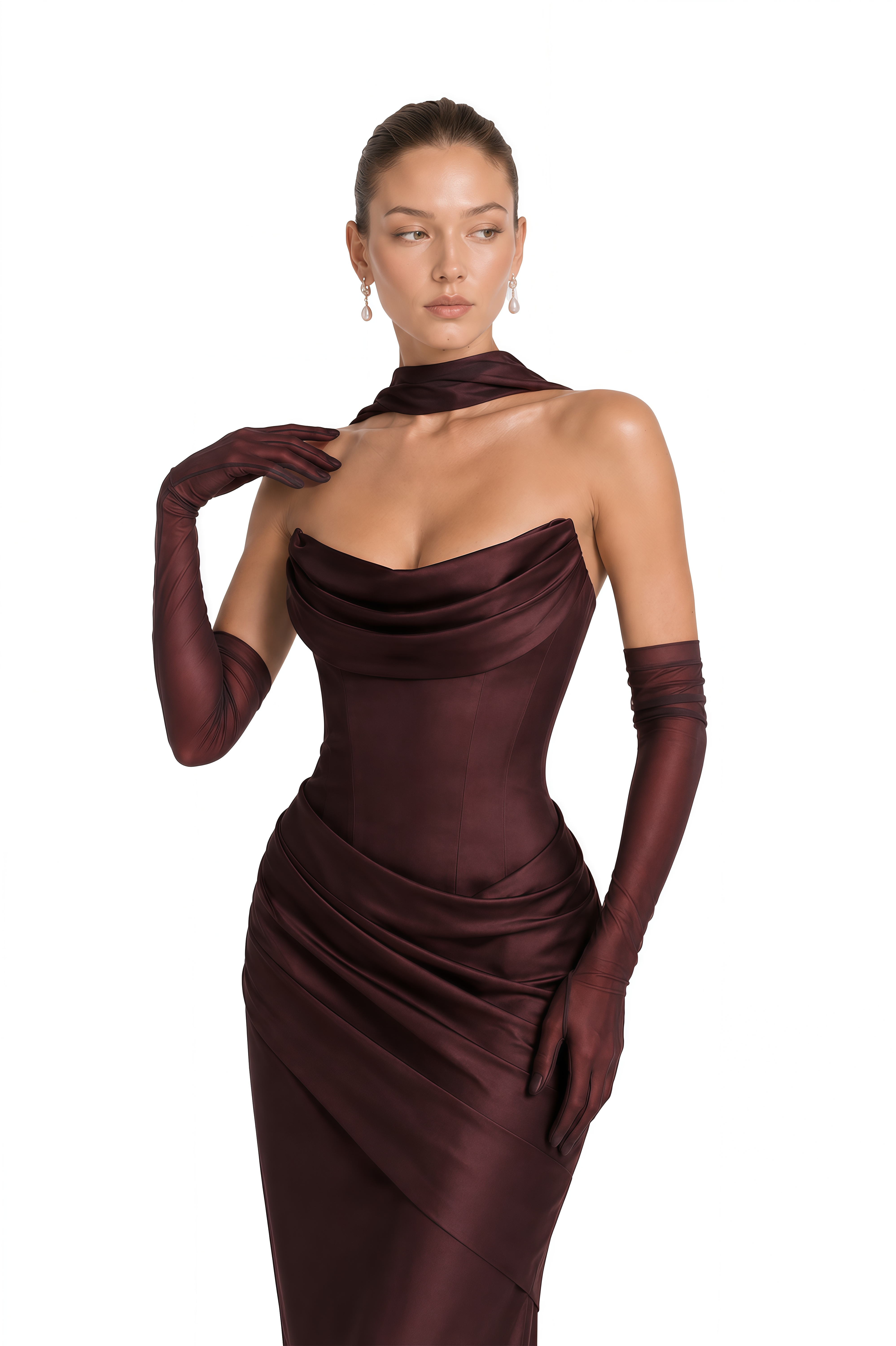 Marilou Brown Ruched Satin Maxi Dress  (Without Gloves)