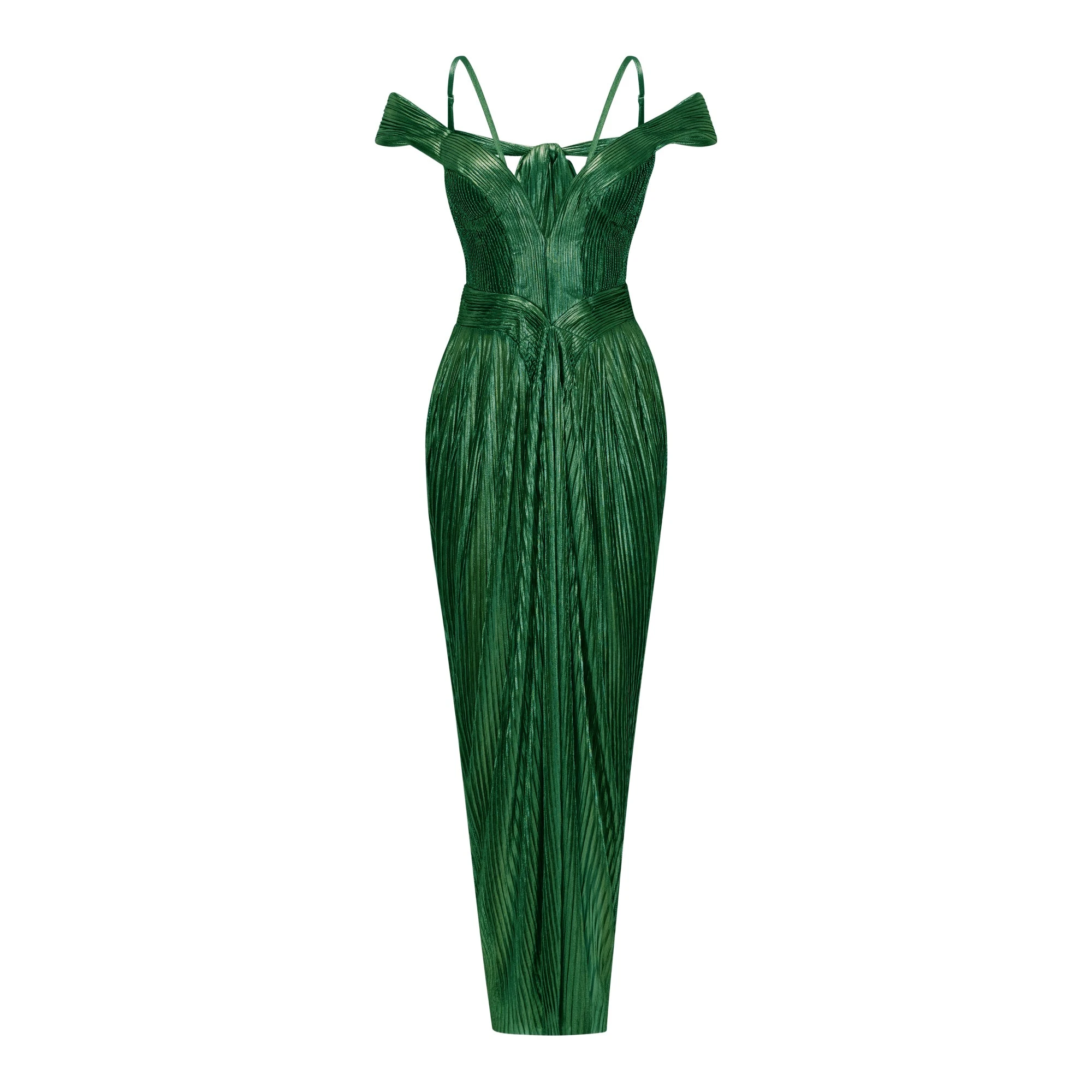 Emerald green metallic pleated maxi dress featuring a plunging V-neckline with off-the-shoulder straps