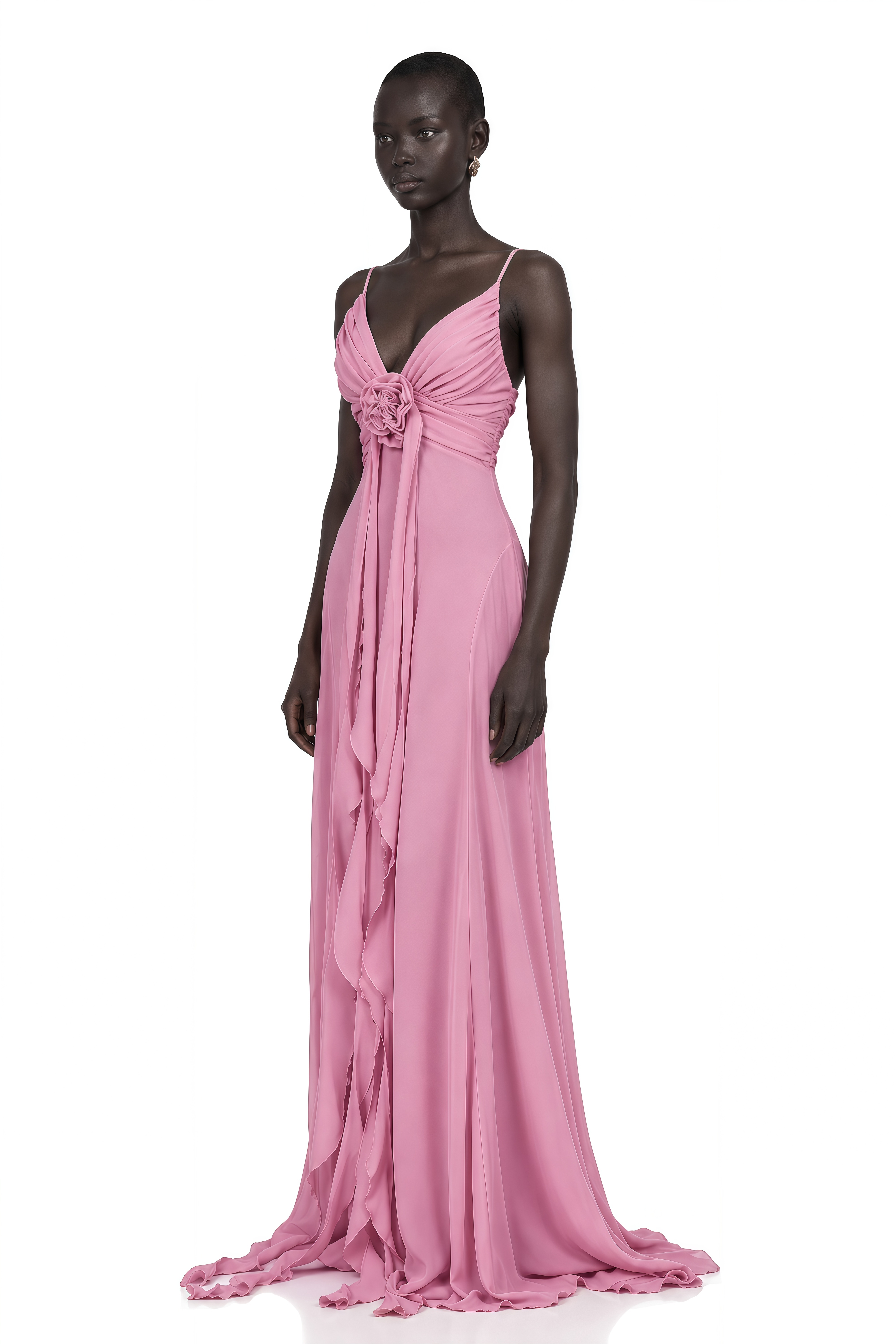 Ysandre Rose-Pink 3D Petal Tulle Maxi Dress