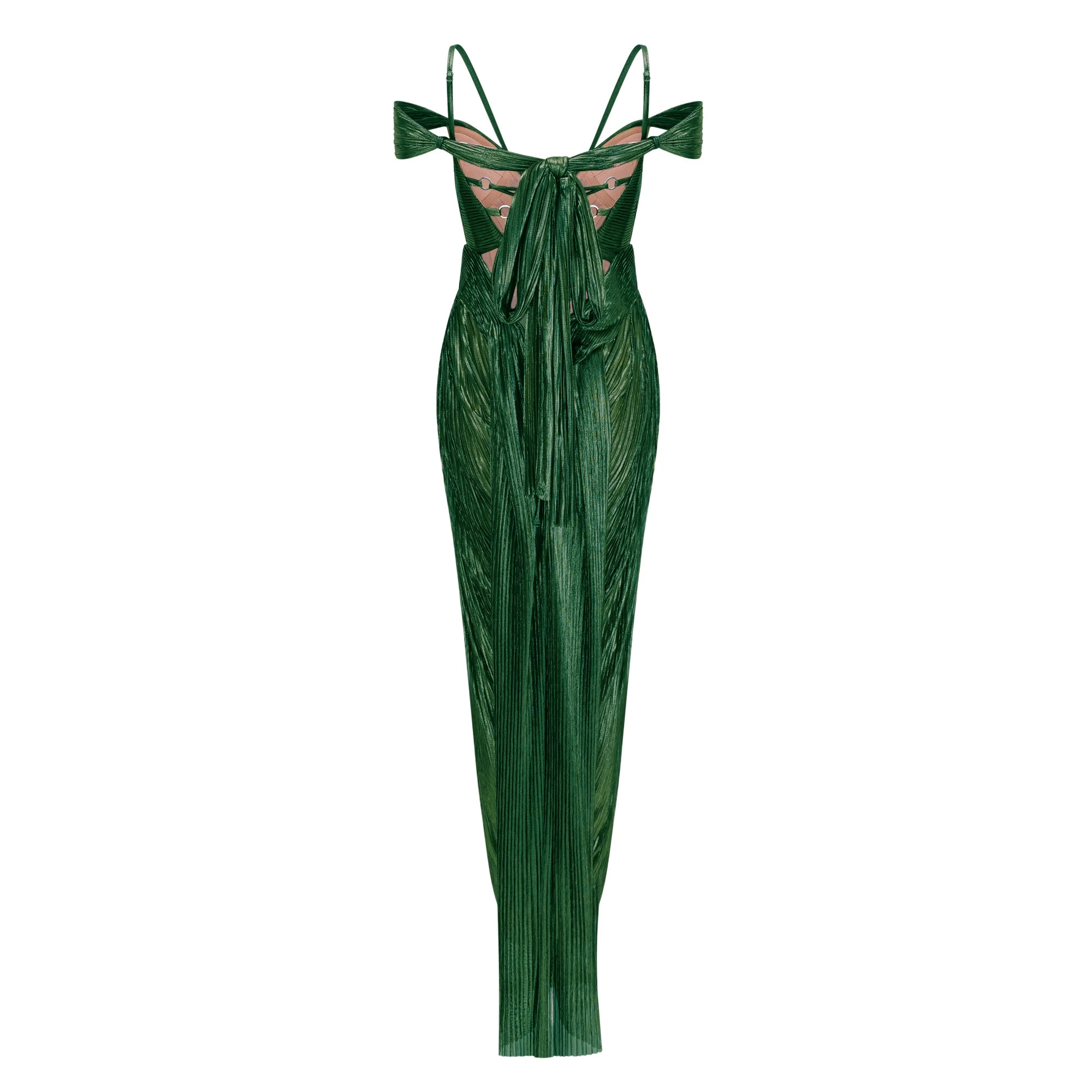 Emerald green metallic pleated maxi dress featuring a plunging V-neckline with off-the-shoulder straps