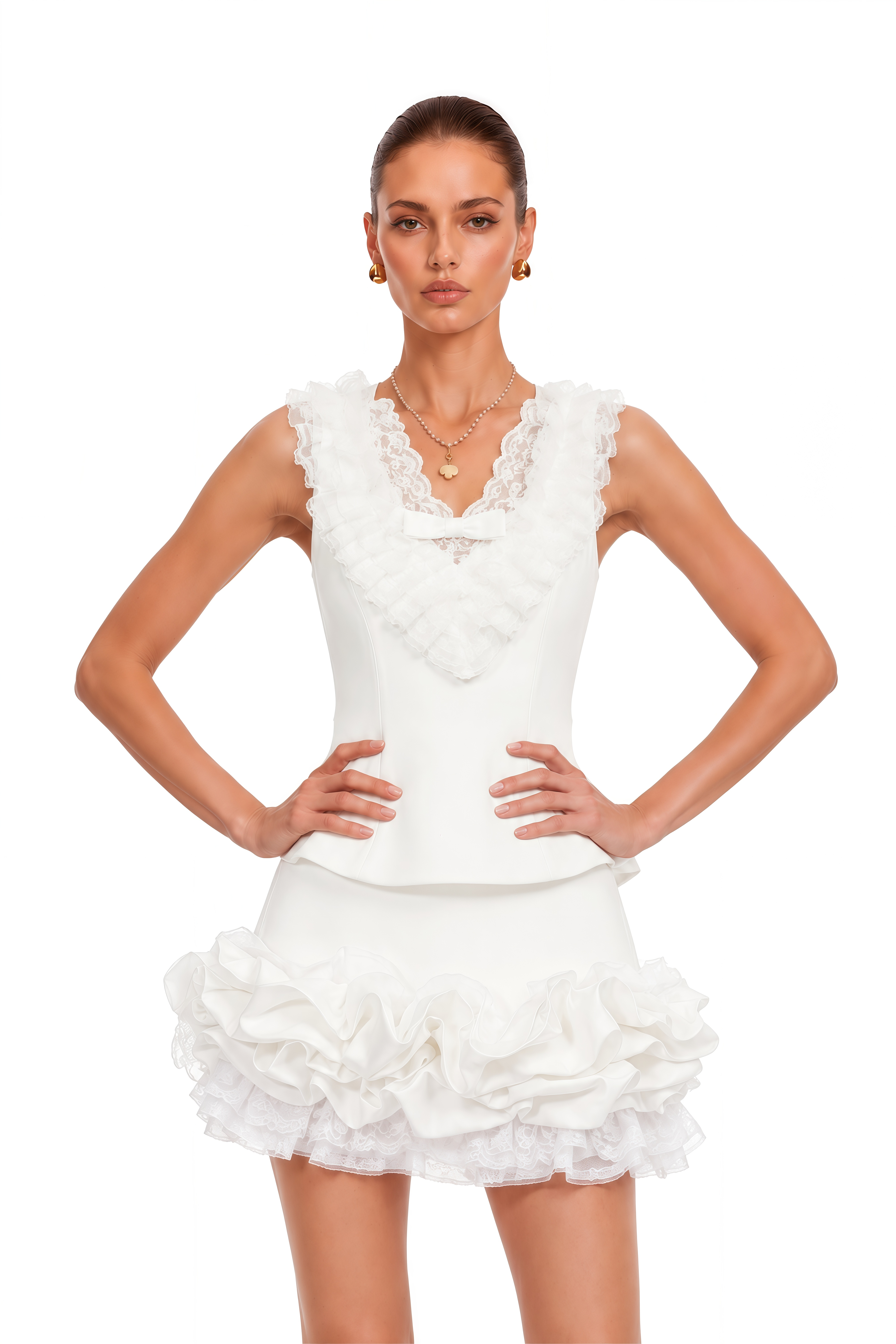 Emmeline White V-Neck Top & Ruffled Skirt Set
