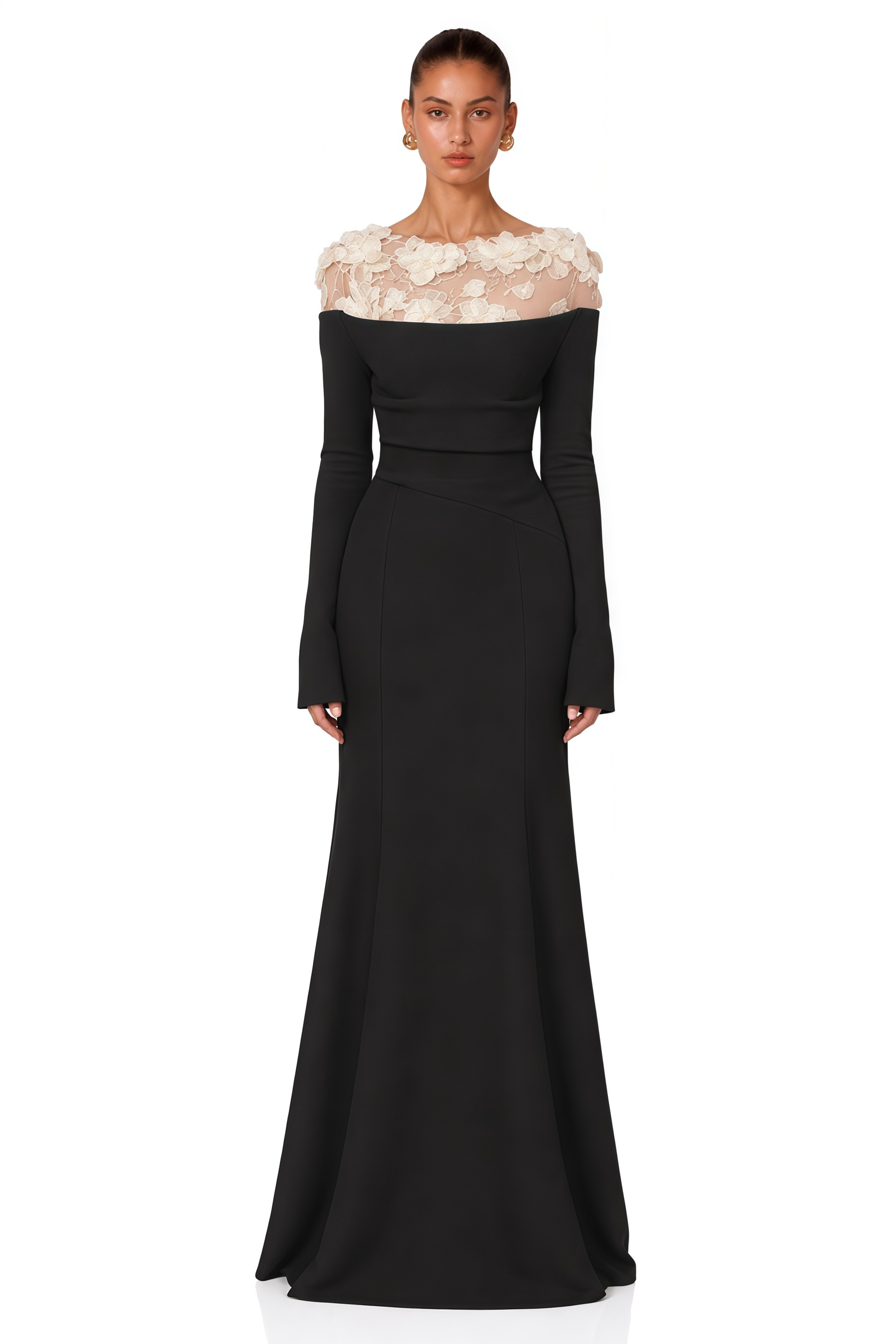 Silvia Black Floral Appliqué Off-Shoulder Gown