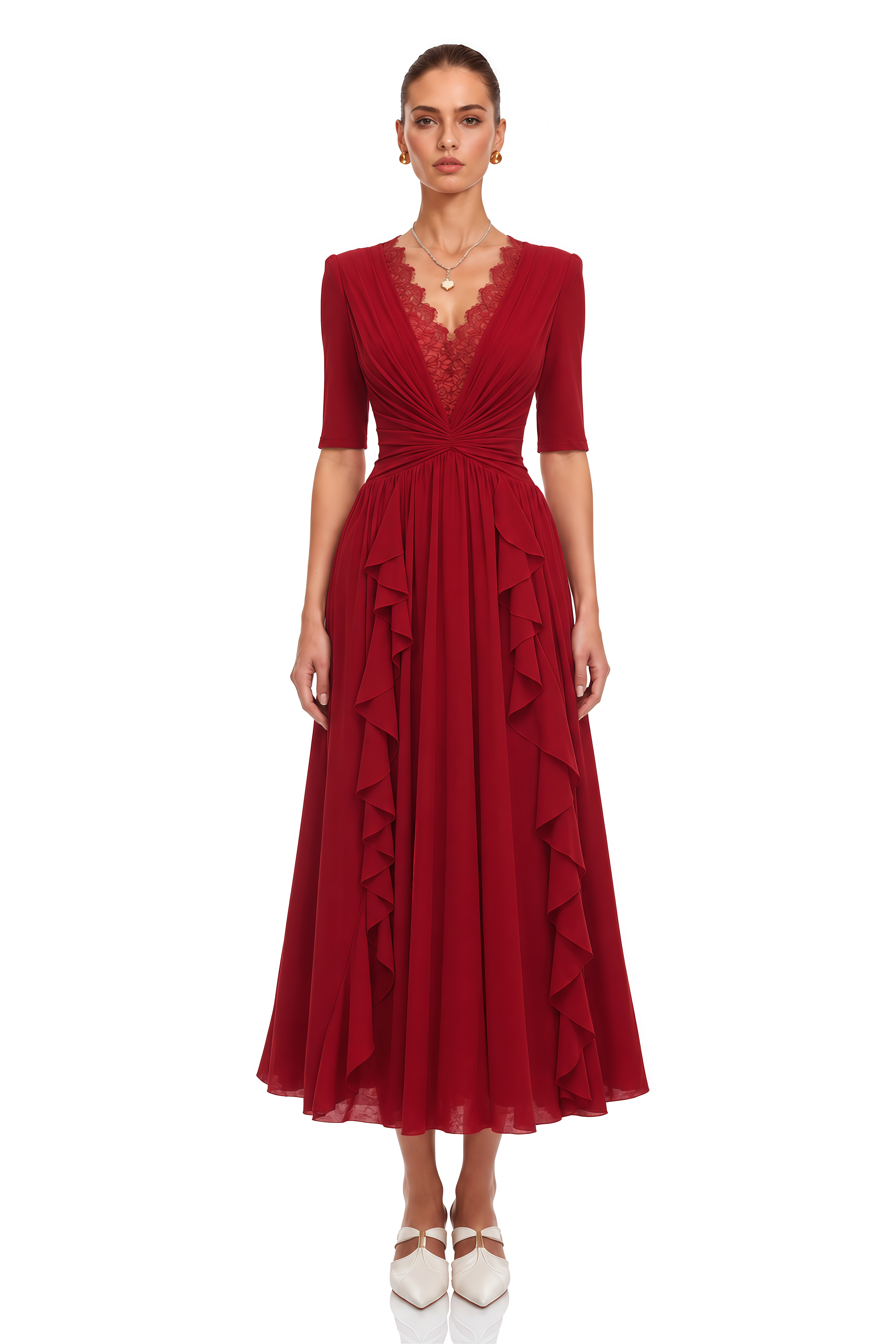 Giovanna Red V-Neck Ruched Midi Dress with Half Sleeves