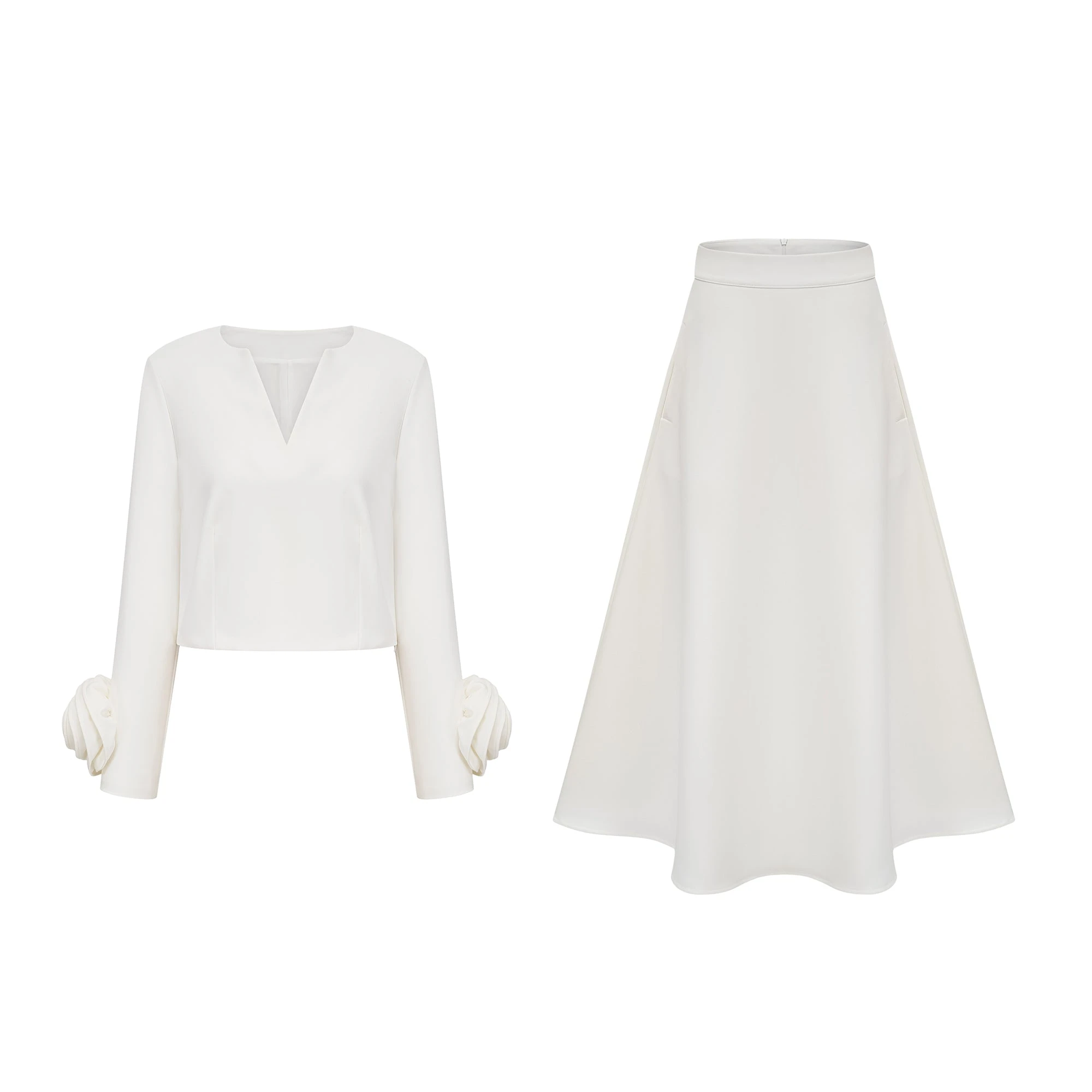 Hilaire White 3D-Petal Top & Skirt Matching Set