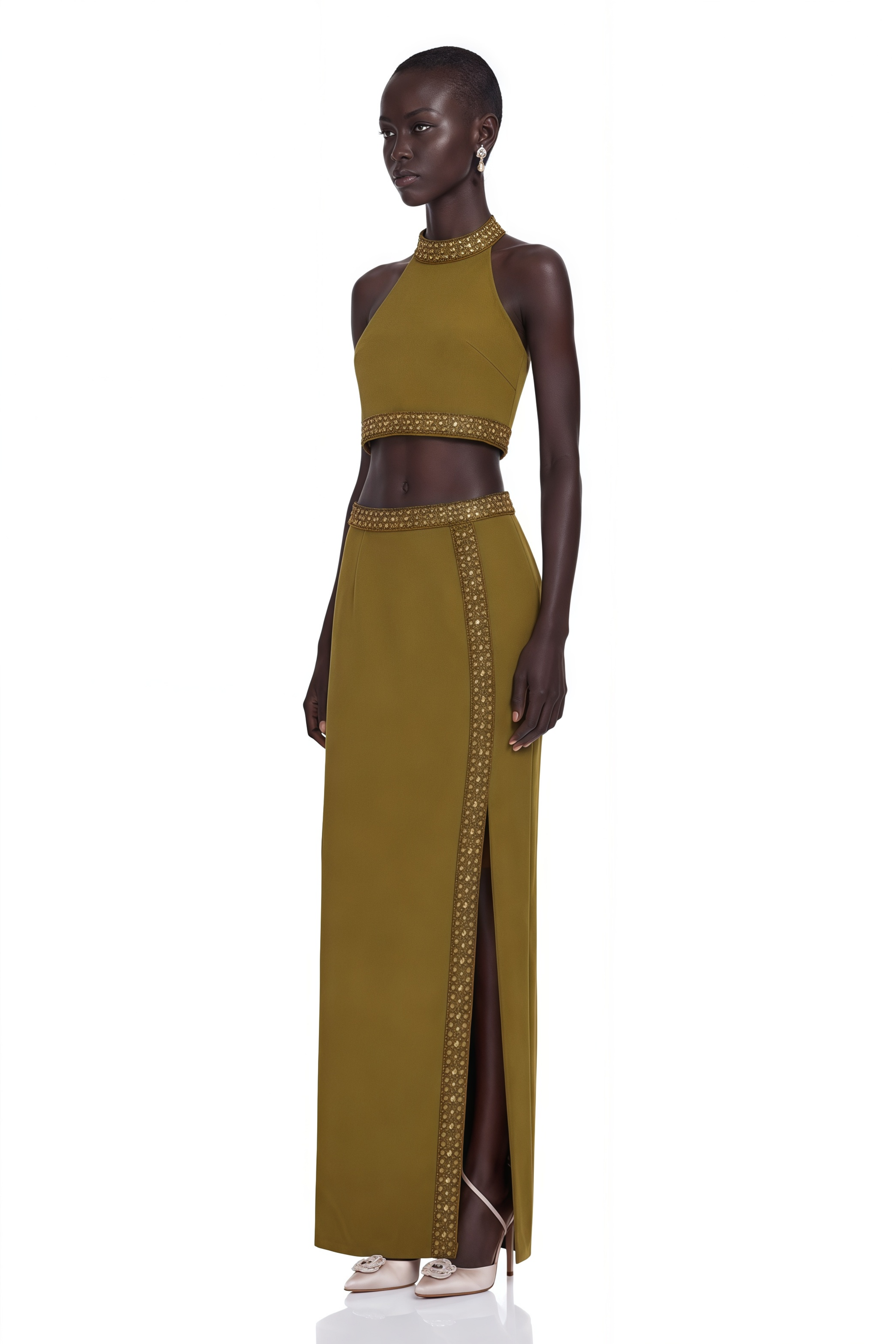 Daisy green beaded-trim top & skirt matching set