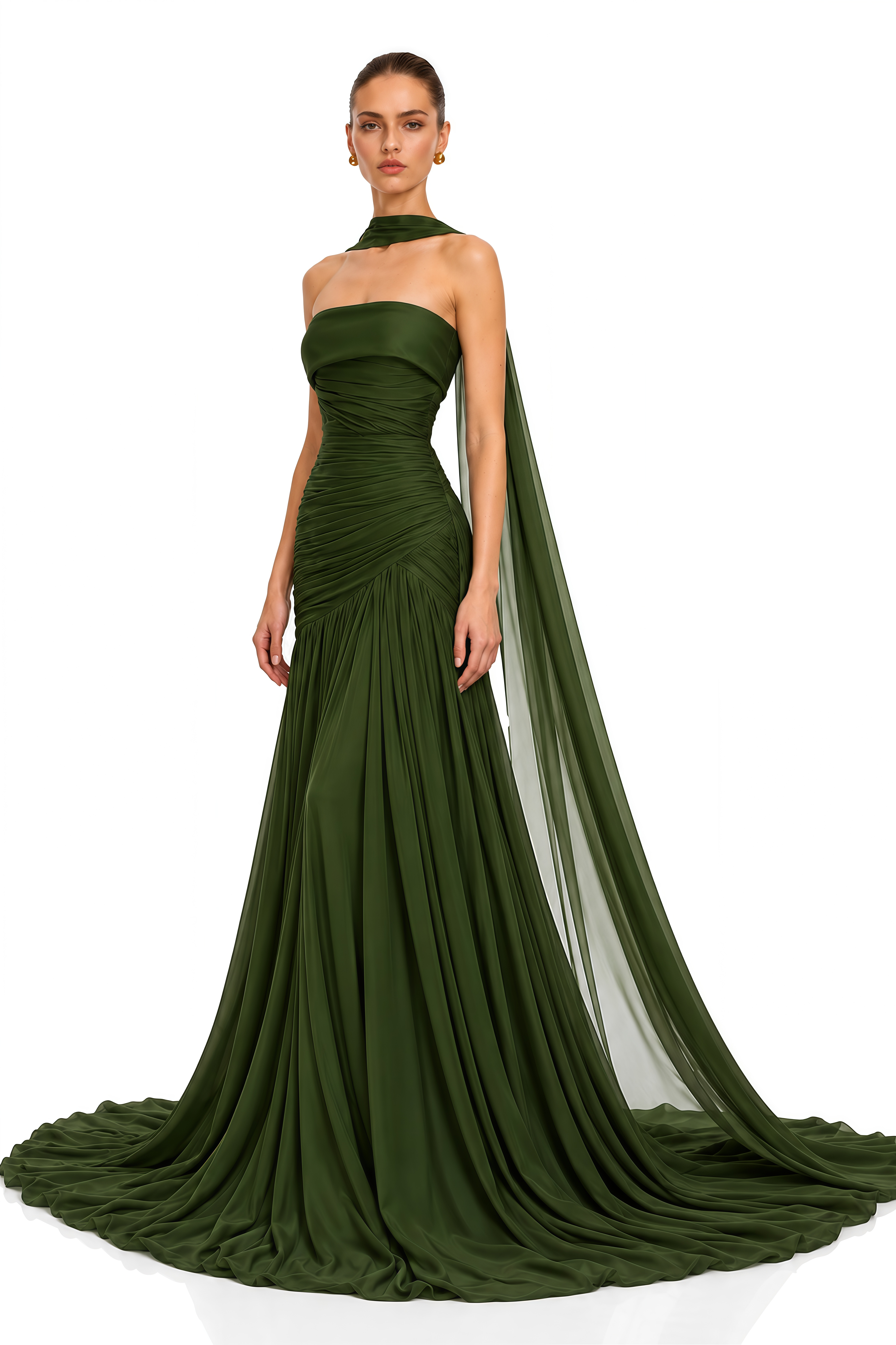 Laetitia Green Pleated Train Ruched Maxi Dress