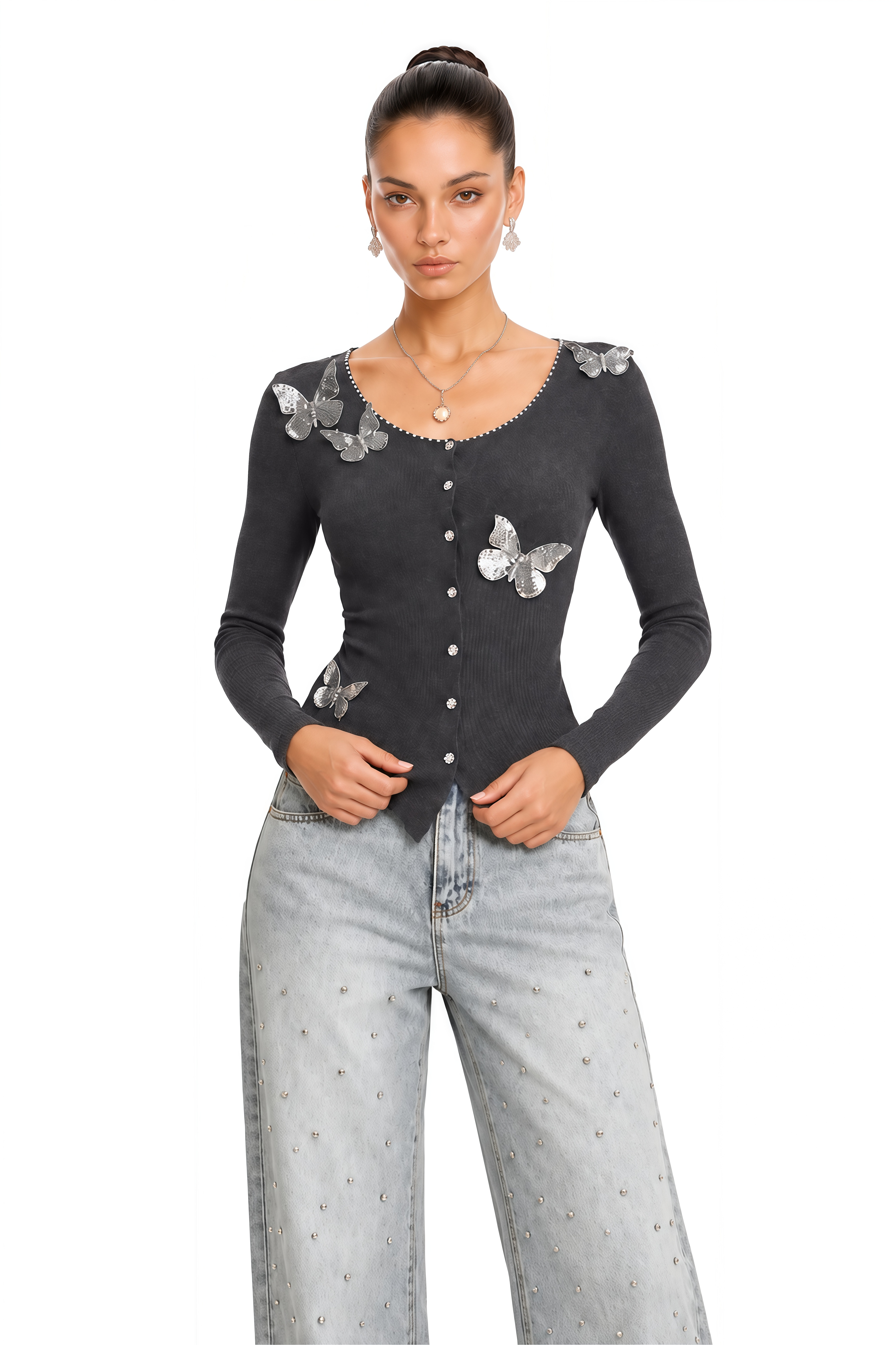 Anastasie Grey Sequined Butterfly-Motif Cardigan