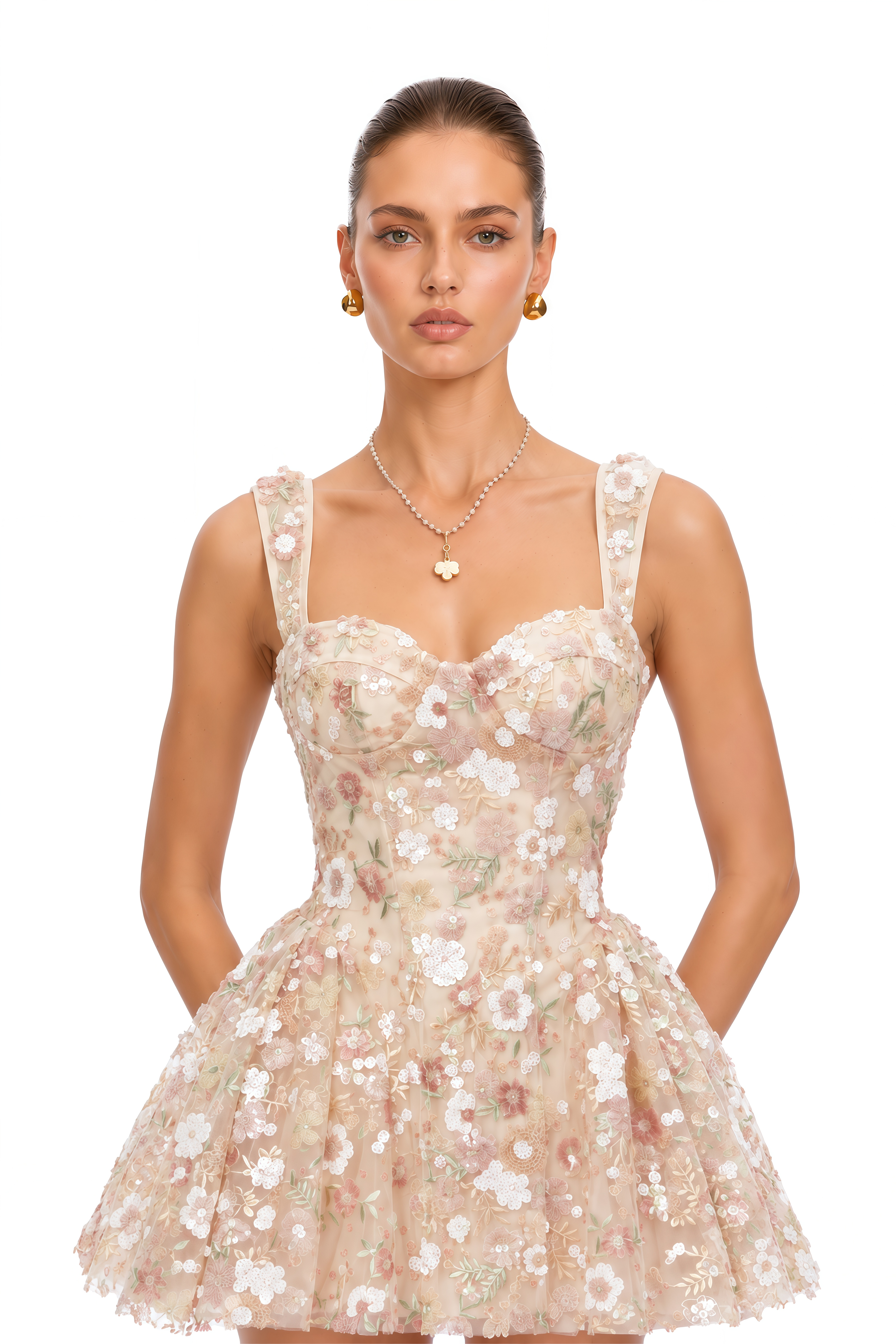 Stephanie Neutral Floral Sequin Ruffled Mini Dress