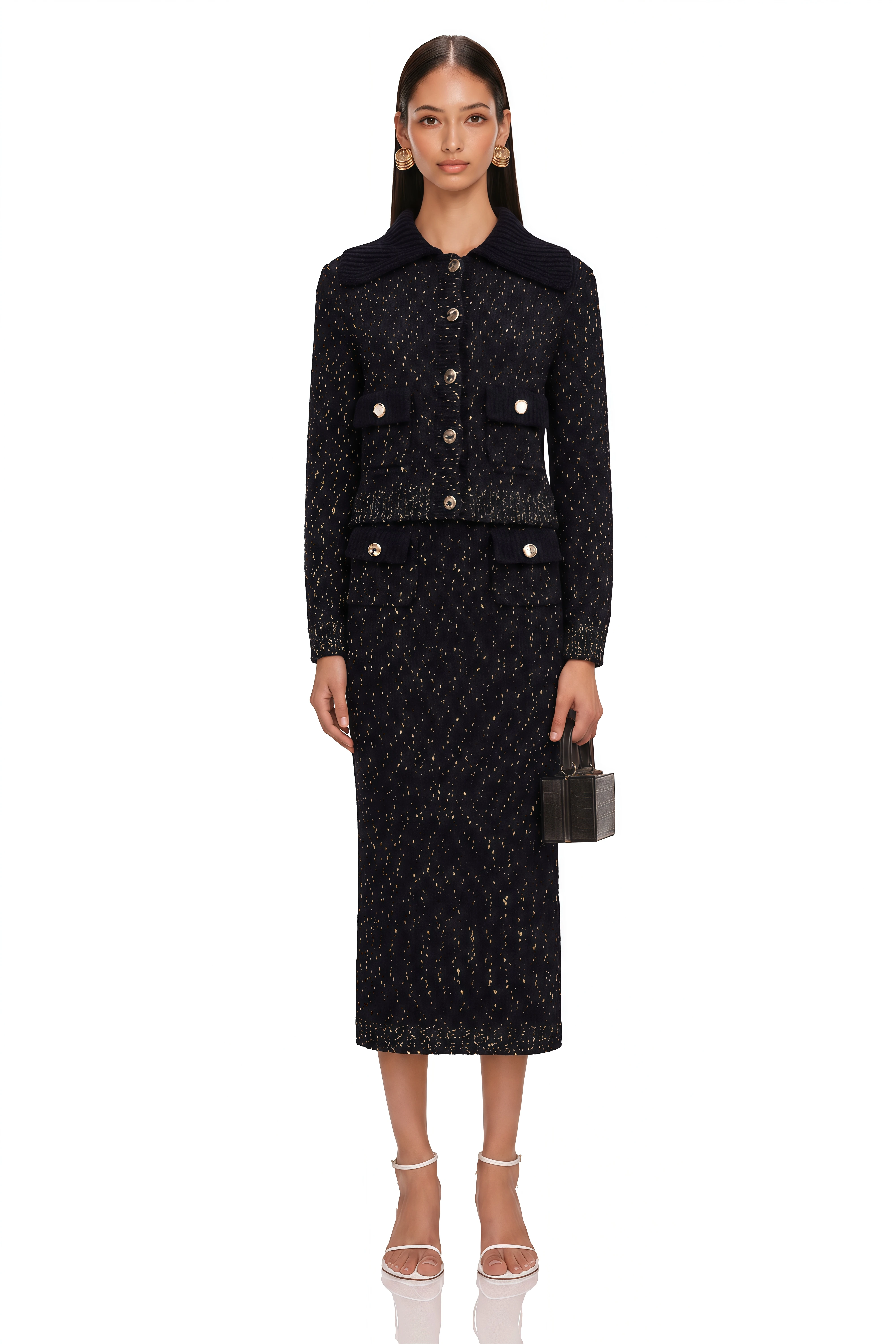 Claudine Navy Crochet-Knit Jacket & Skirt Matching Set