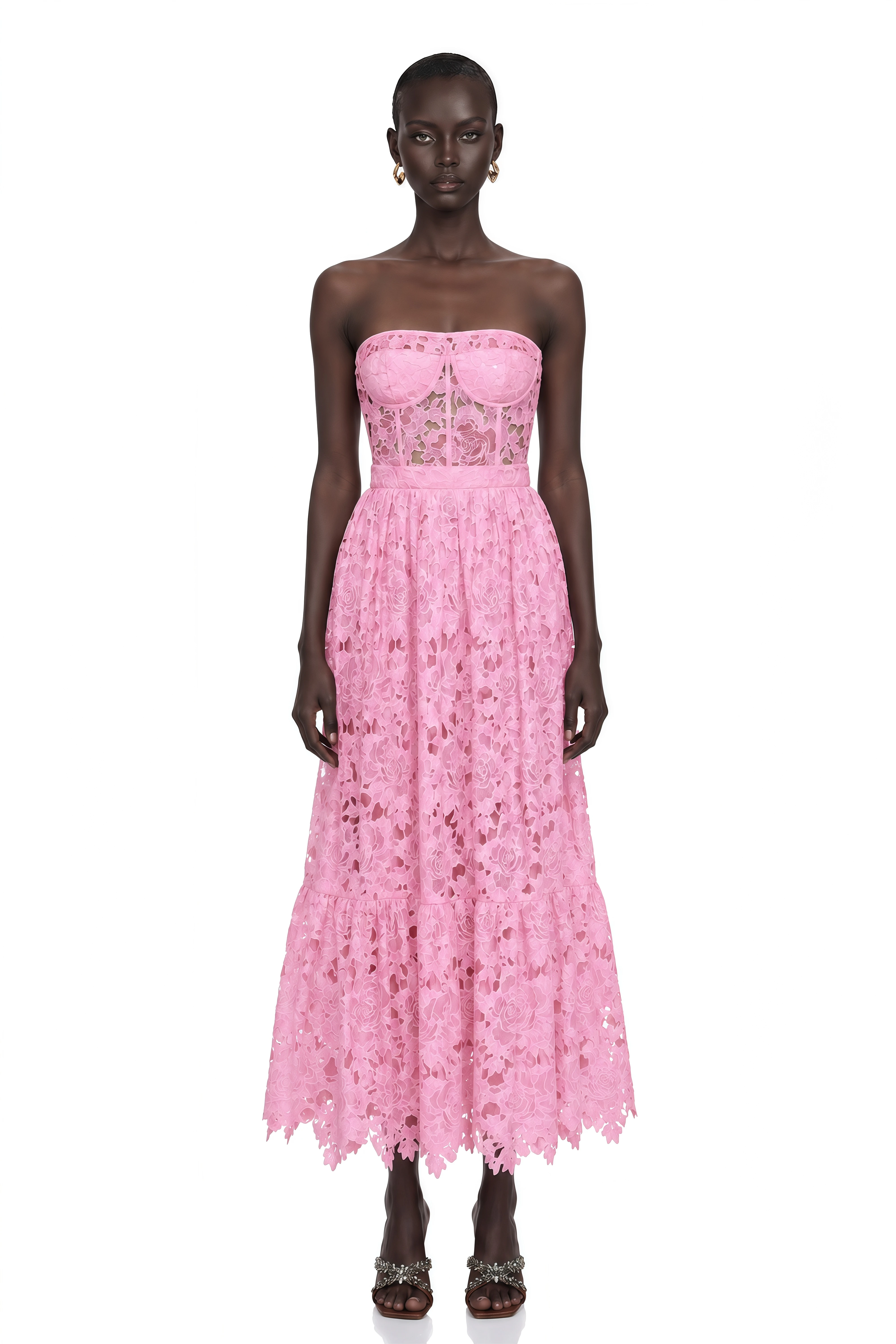 Inès Lace Floral Embroidered Cut-Out Midi Dress in Pink