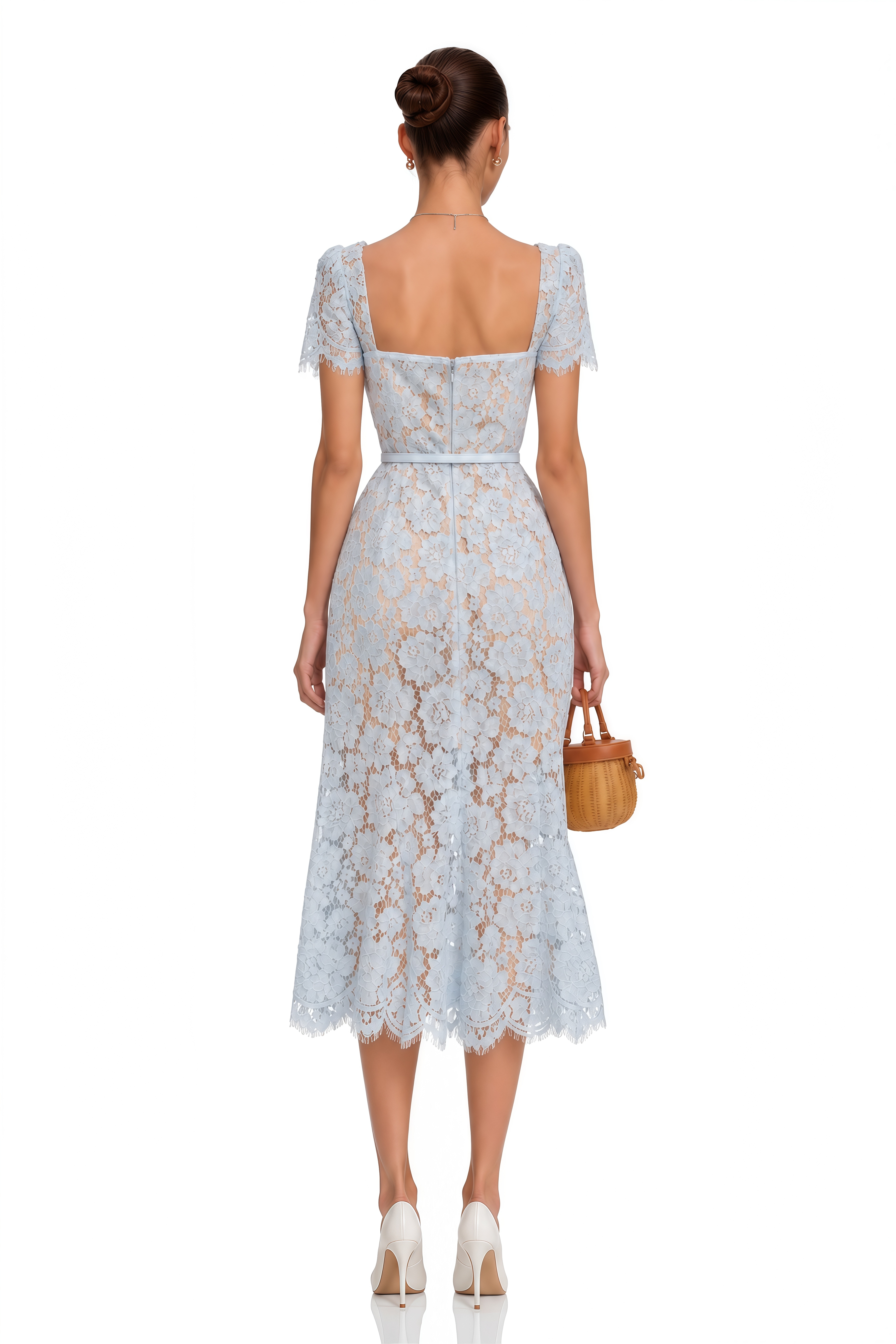 Audrey Blue Floral-Lace Boned Midi Dress