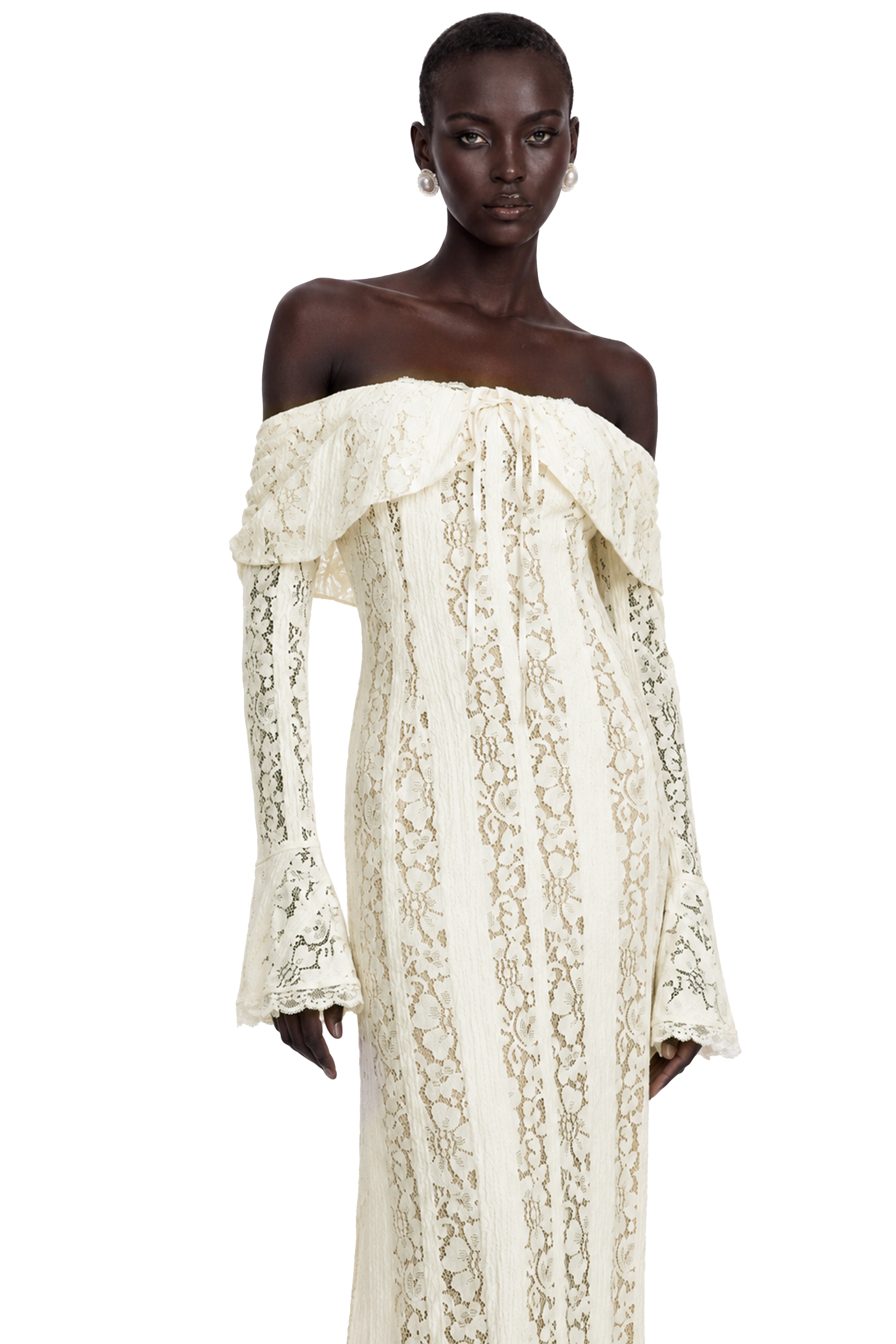 Émeline Floral Lace Flared-Cuff Maxi Dress in Neutrals – Miss