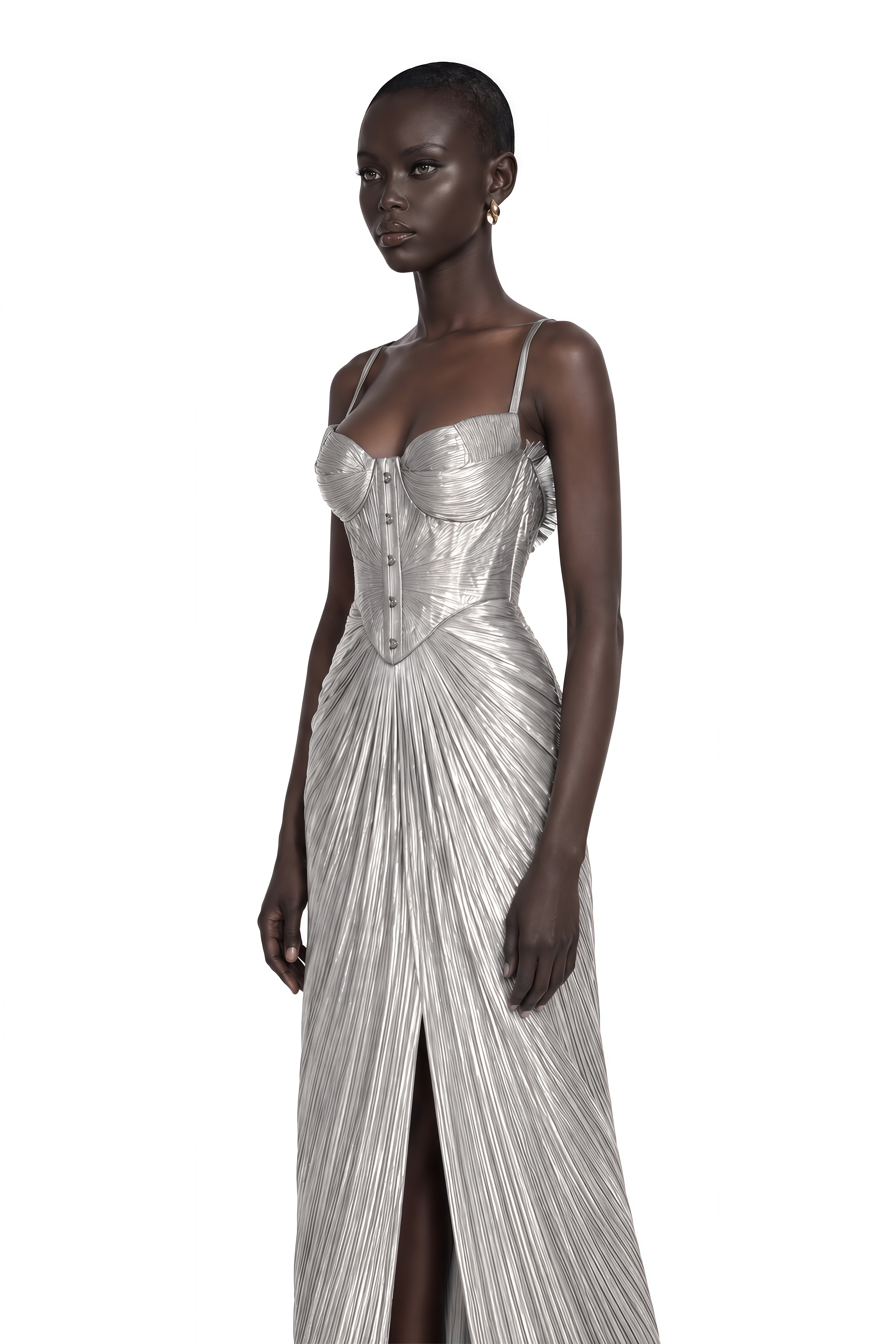 Nicoletta Silver Glossy Pleated Corset Maxi Dress