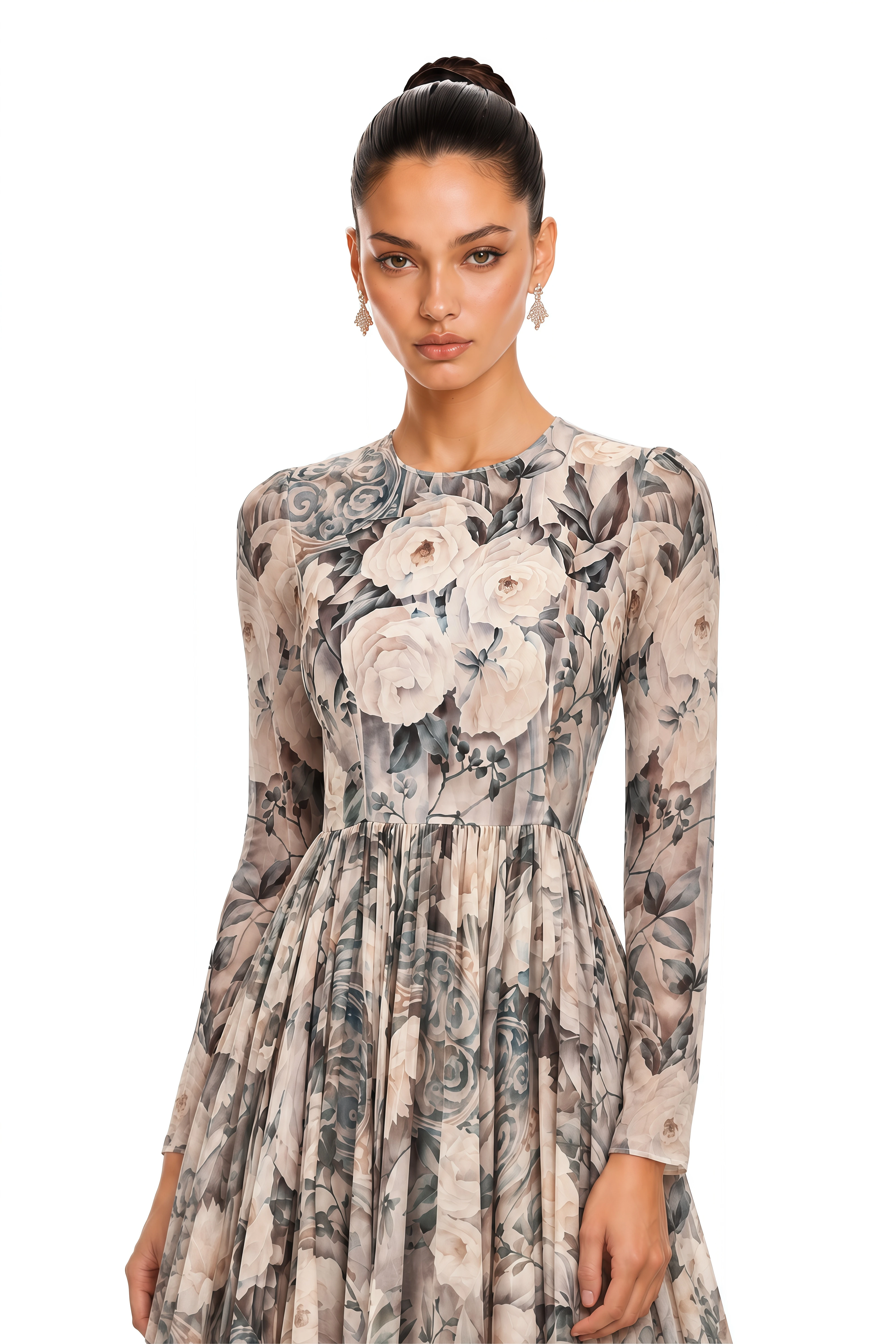 Mélanie Floral Print Pleated Chiffon Midi Dress