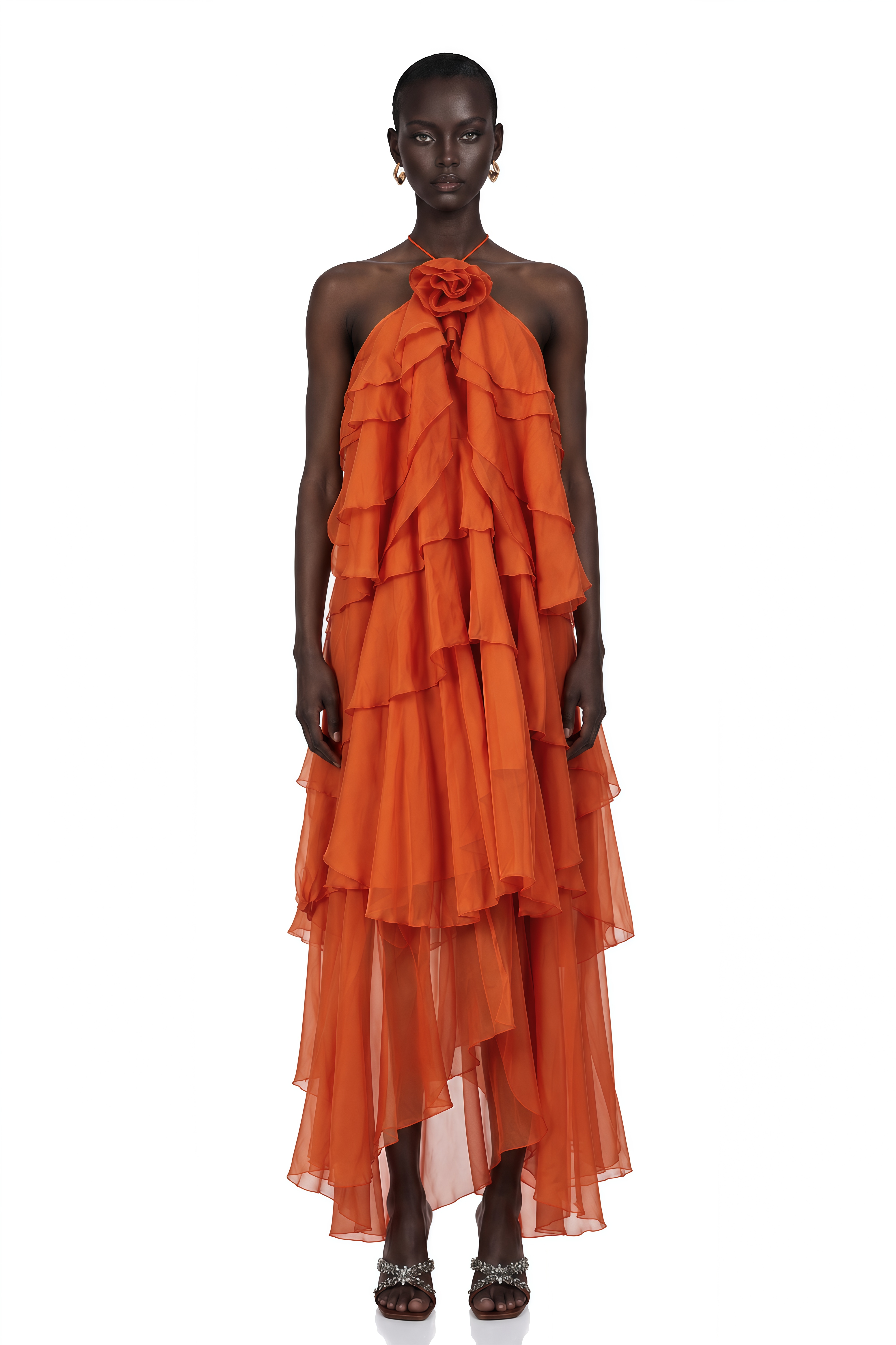 Carrie Orange Halterneck Flounced Maxi Dress
