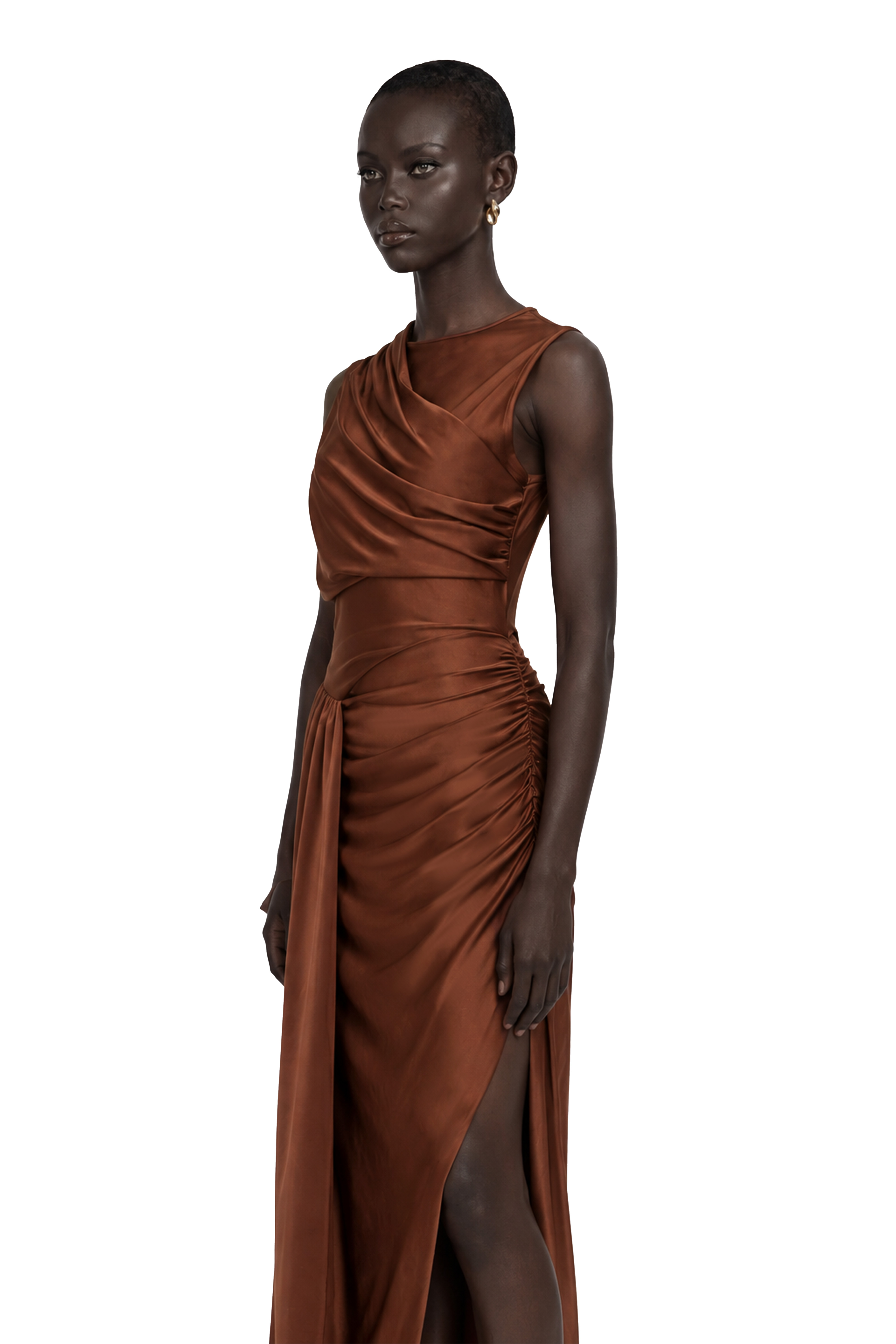 Reine Brown Asymmetrical Ruched Maxi Dress
