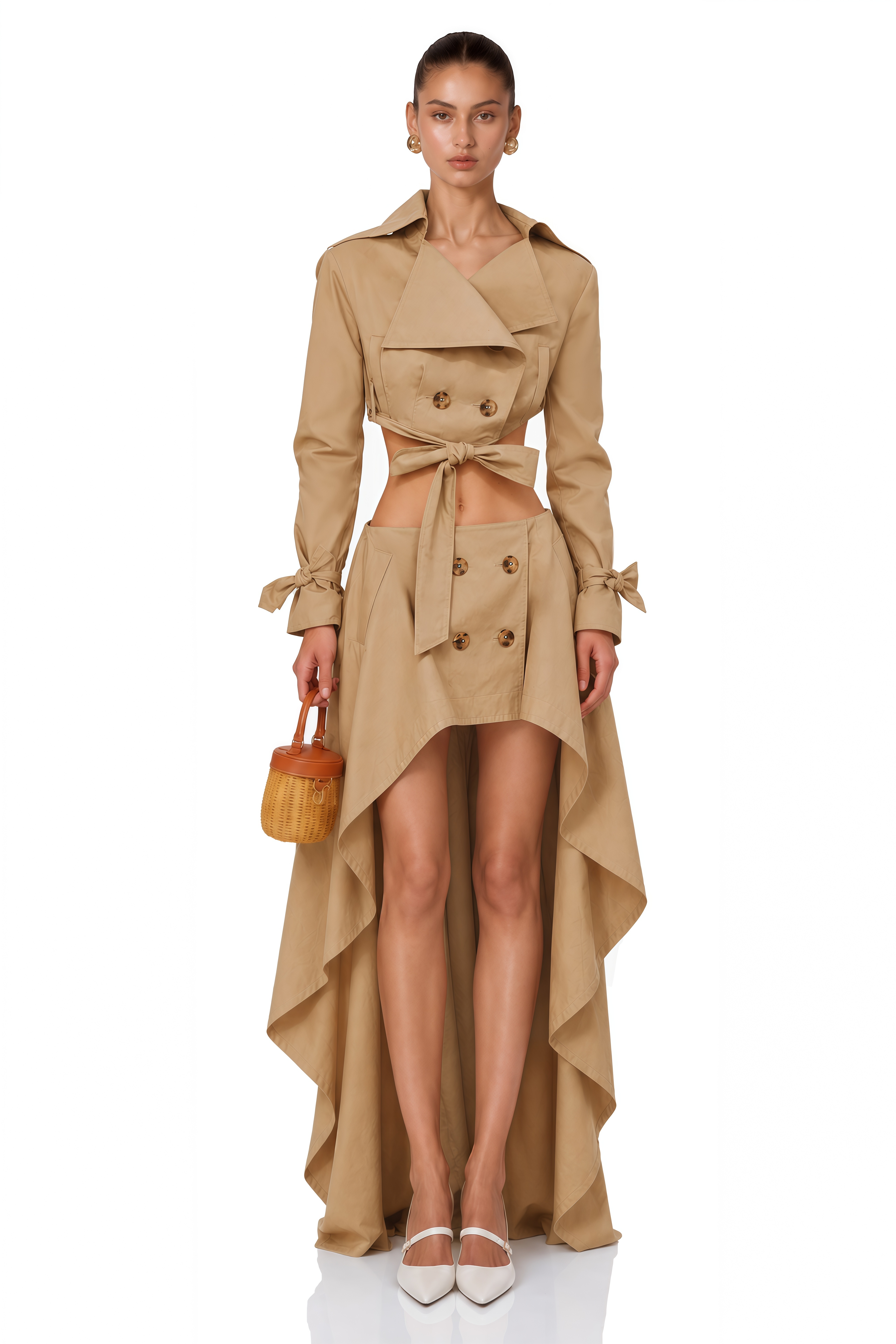 Maelle Khaki Cropped Trench Jacket & Skirt Matching Set