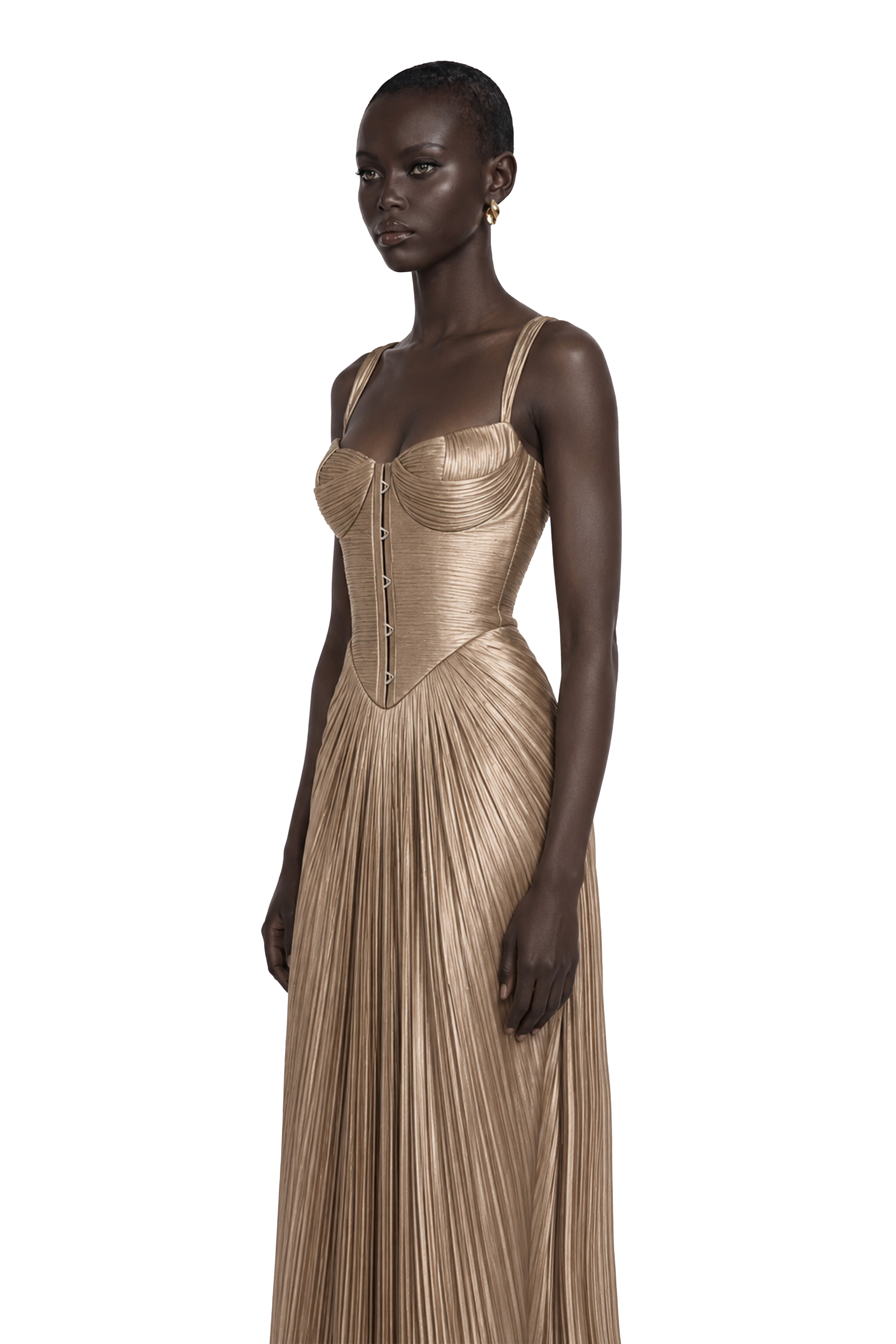 Nicoletta Gold Glossy Pleated Corset Maxi Dress