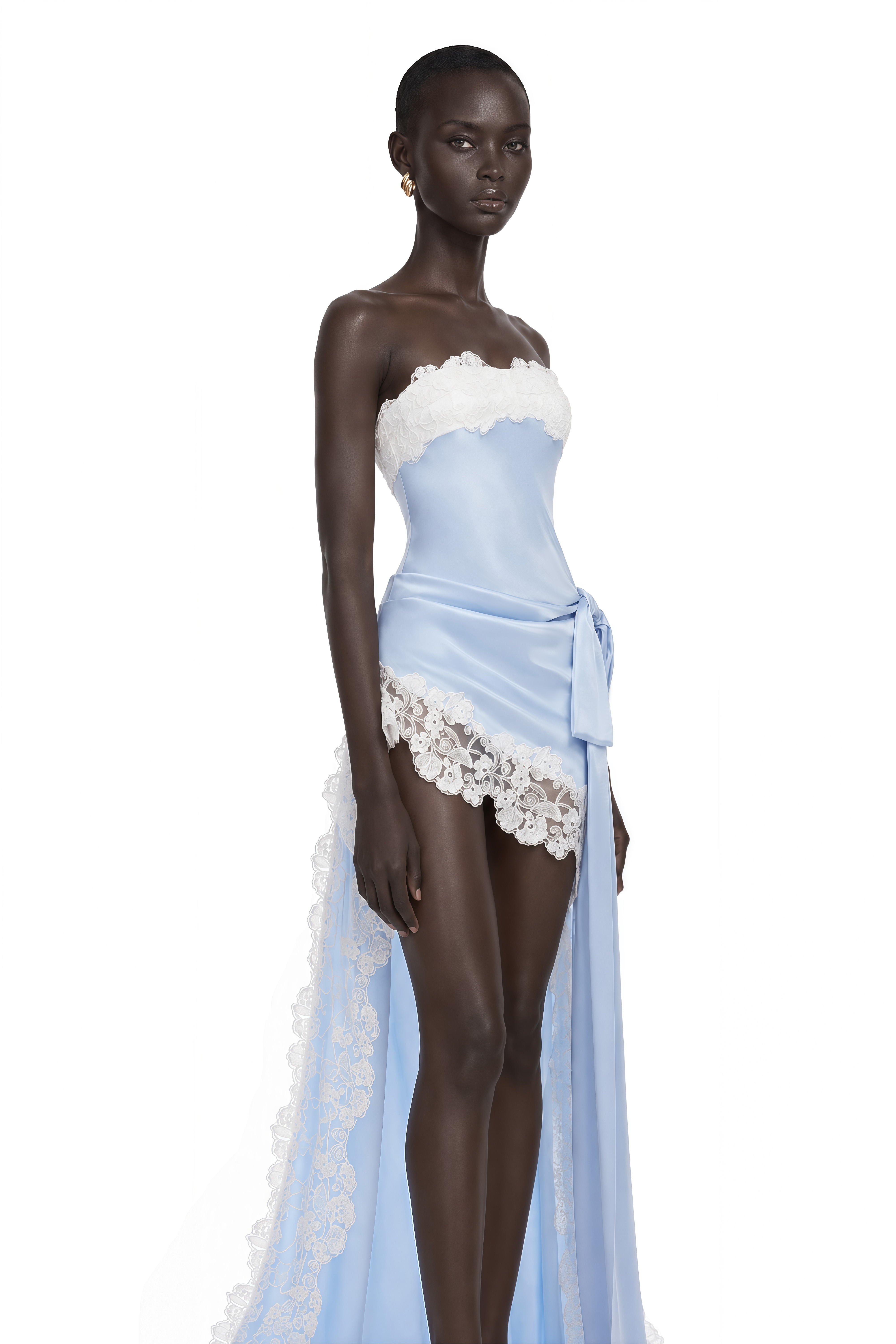 Lola Blue Off Shoulder Asymmetrical Maxi Dress with Lace Trim