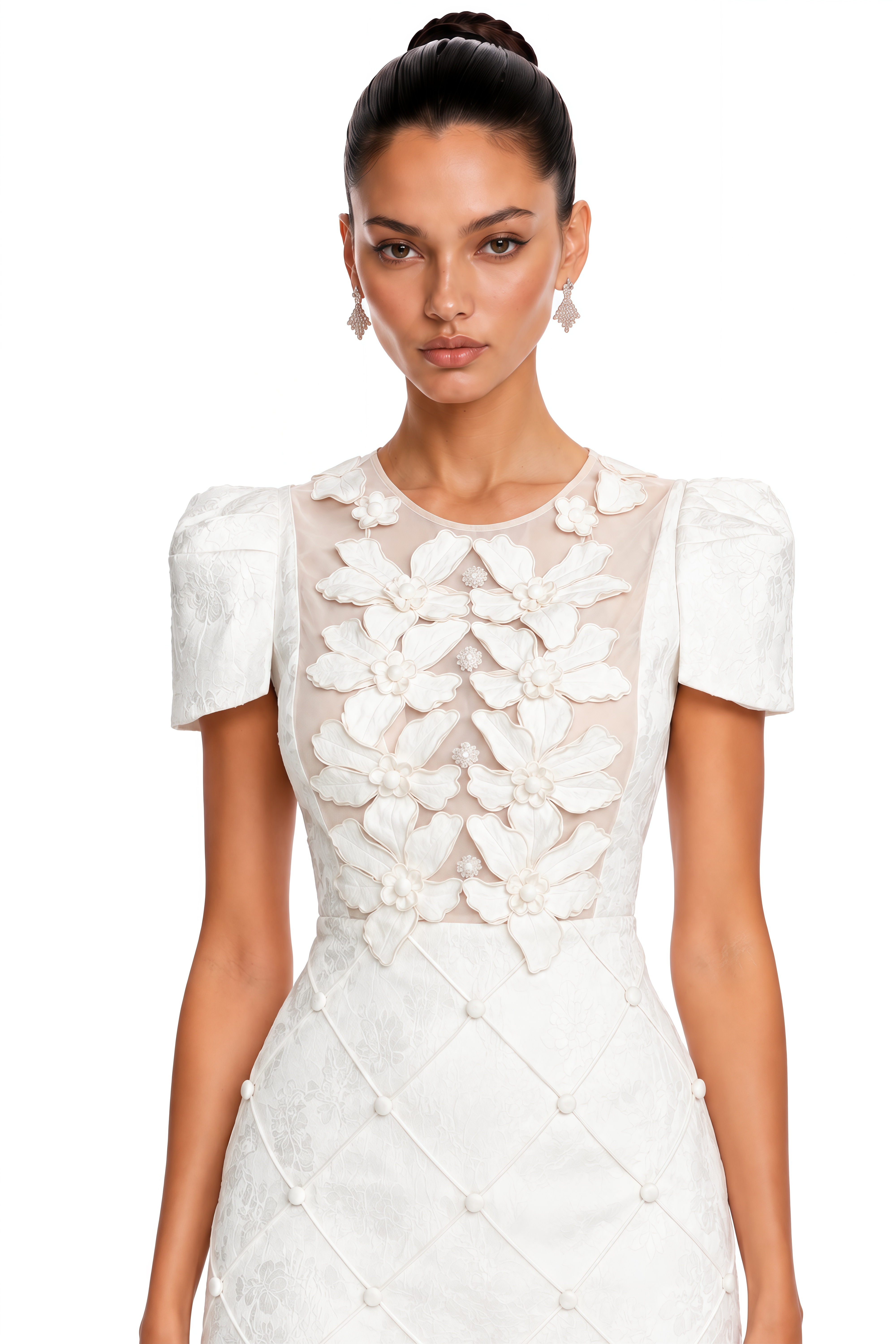 Coralie white petal-detail buttoned mini dress