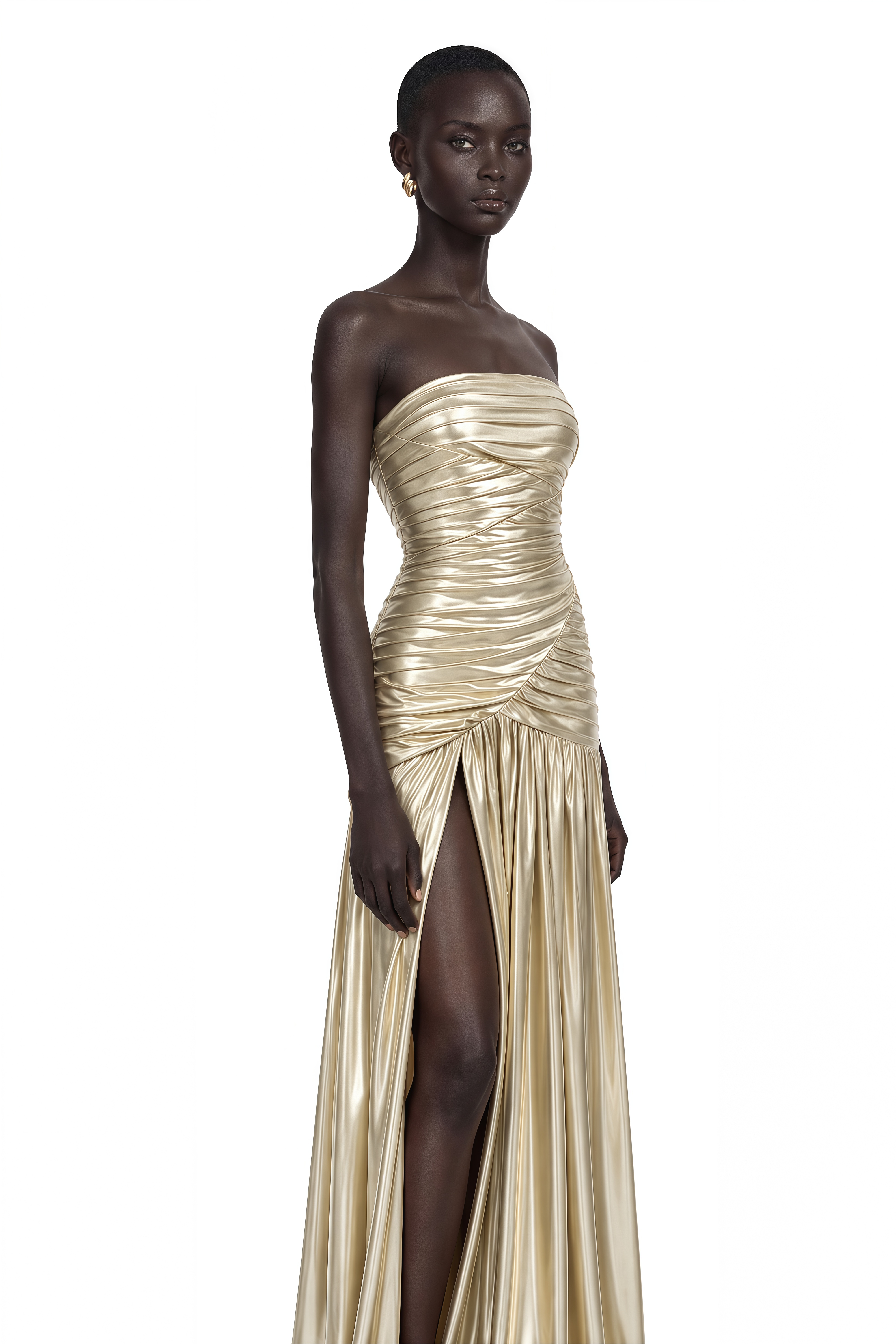 Jamila Champagne Ruched Glossy Maxi Dress with High Slit