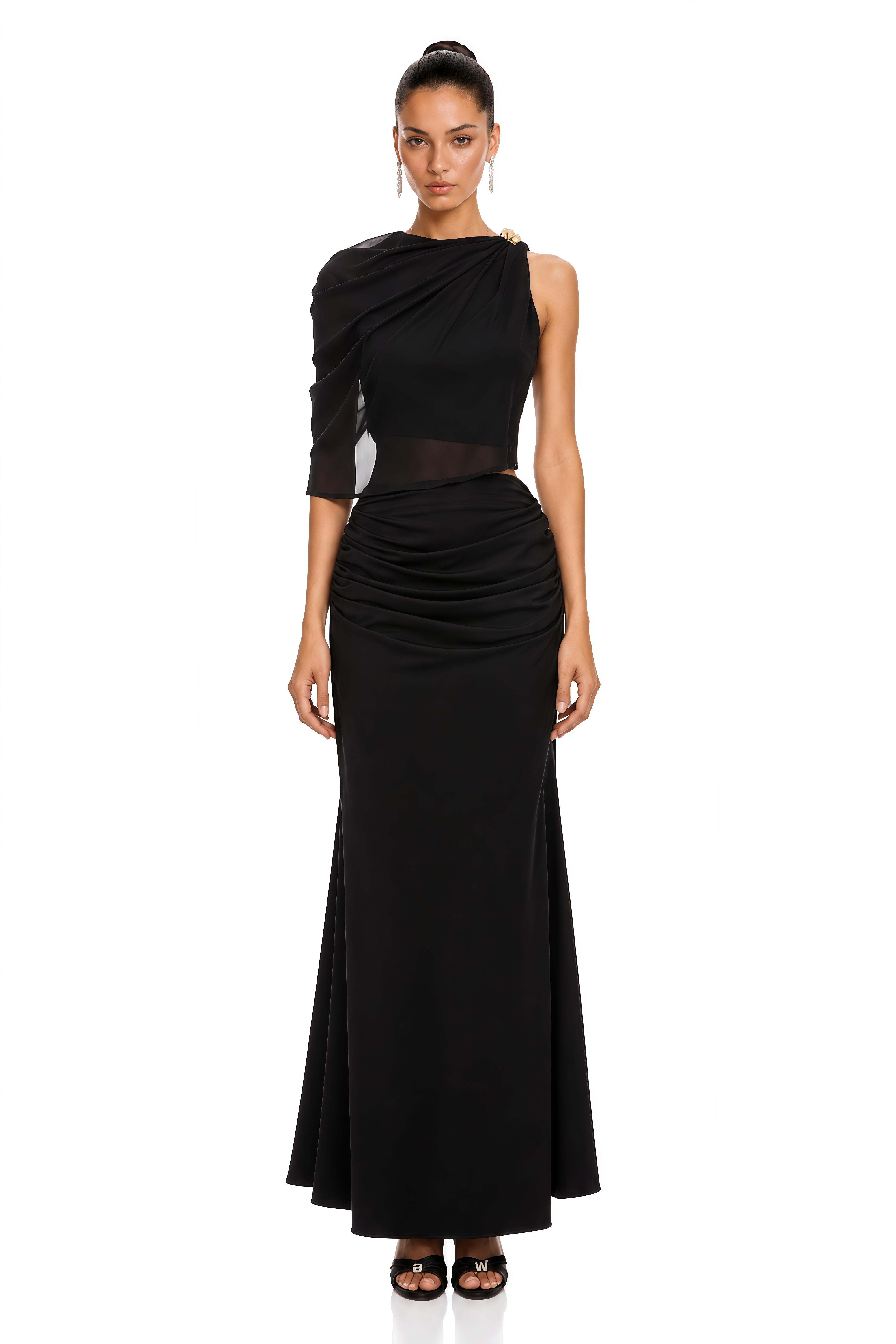 Calypso Black Asymmetrical Ruched Top & Skirt Set