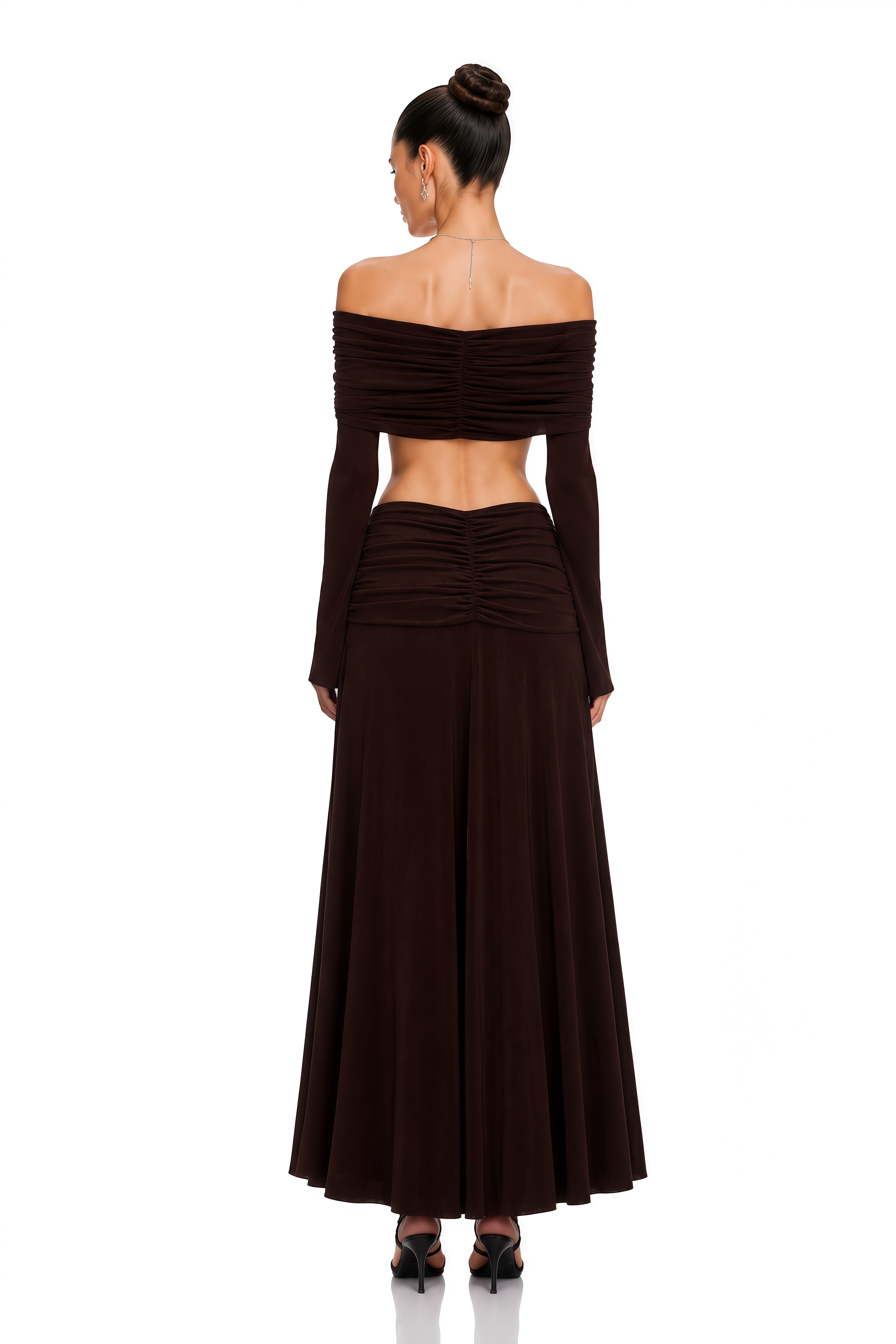 Solene Brown Off-Shoulder Top & Ruched Skirt Set