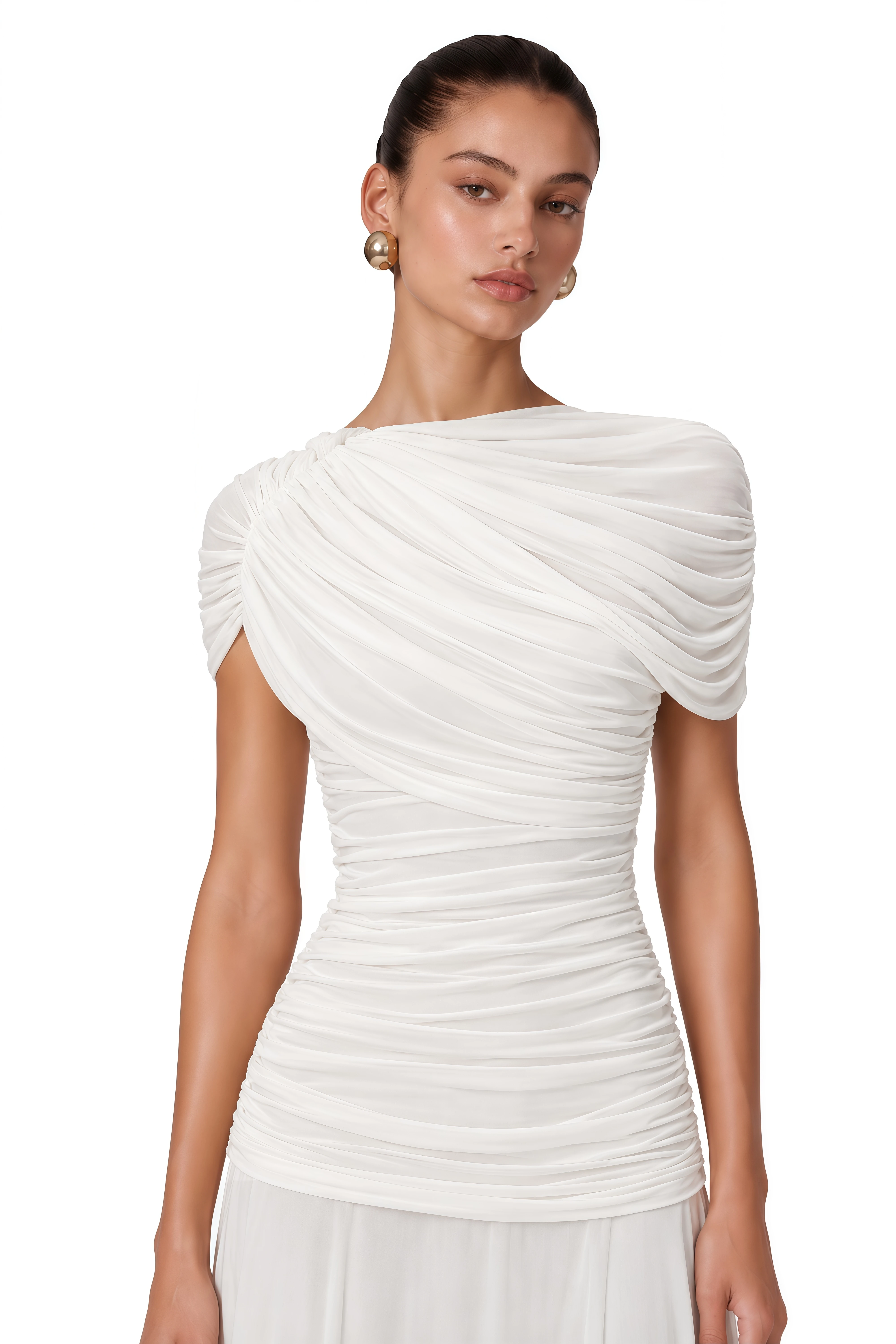Rosalyn White Crew Neck Ruched Maxi Dress