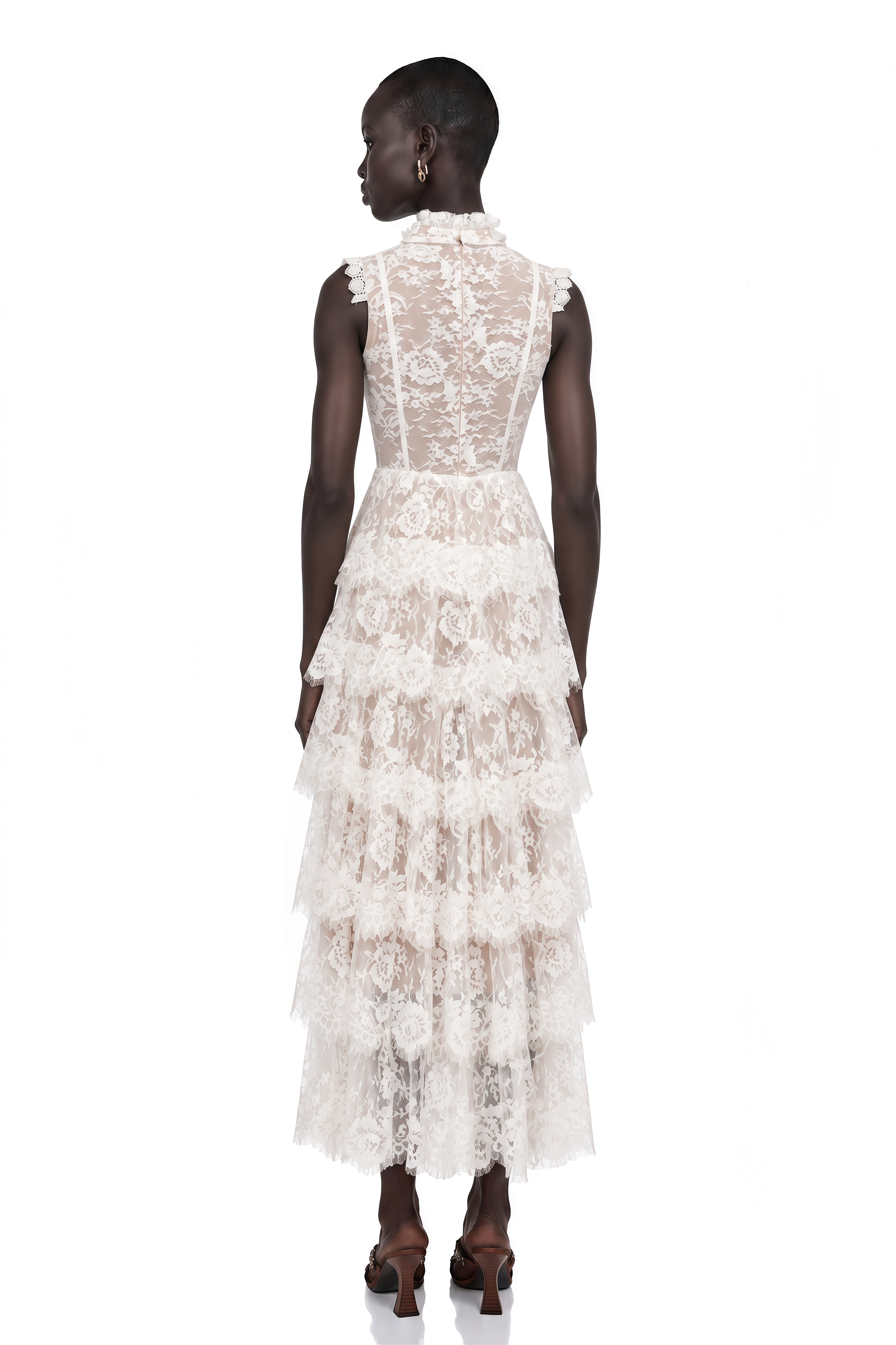 Thérèse White Embellished Floral Lace Tiered Maxi Dress