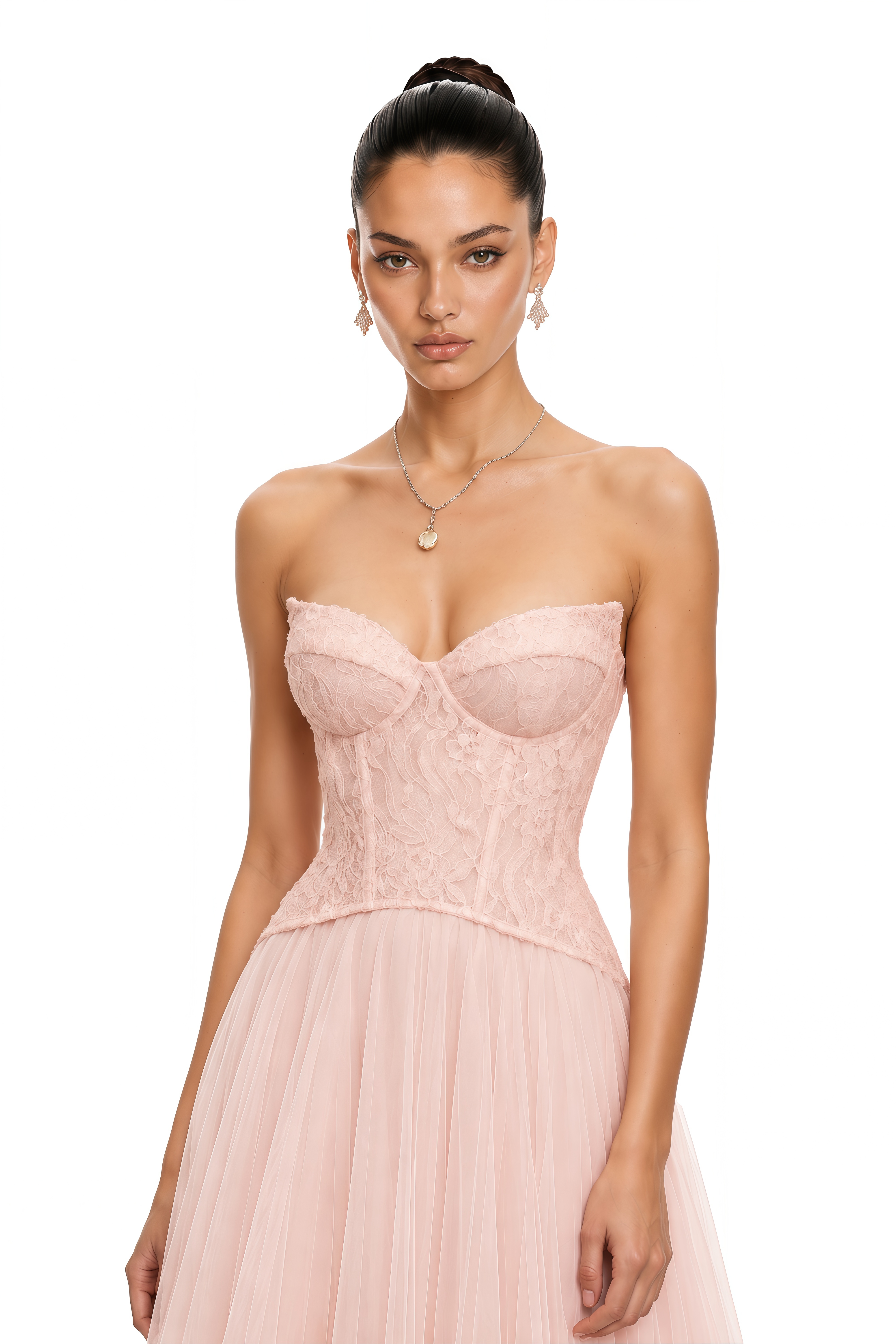 Ulrique Pink Lace Corset Tulle Maxi Dress