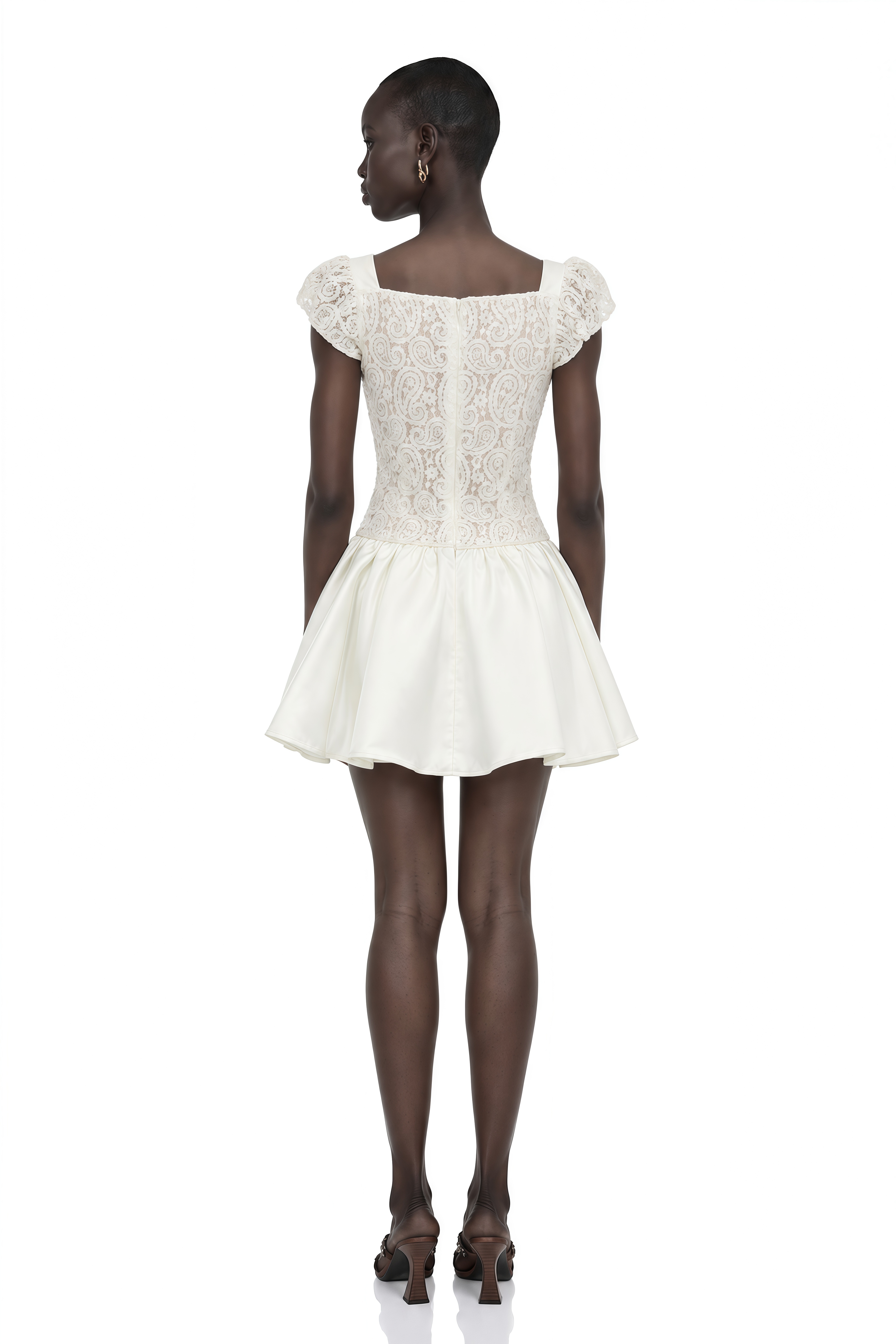 Hermione White Square Neck Mini Dress with Lace Panels