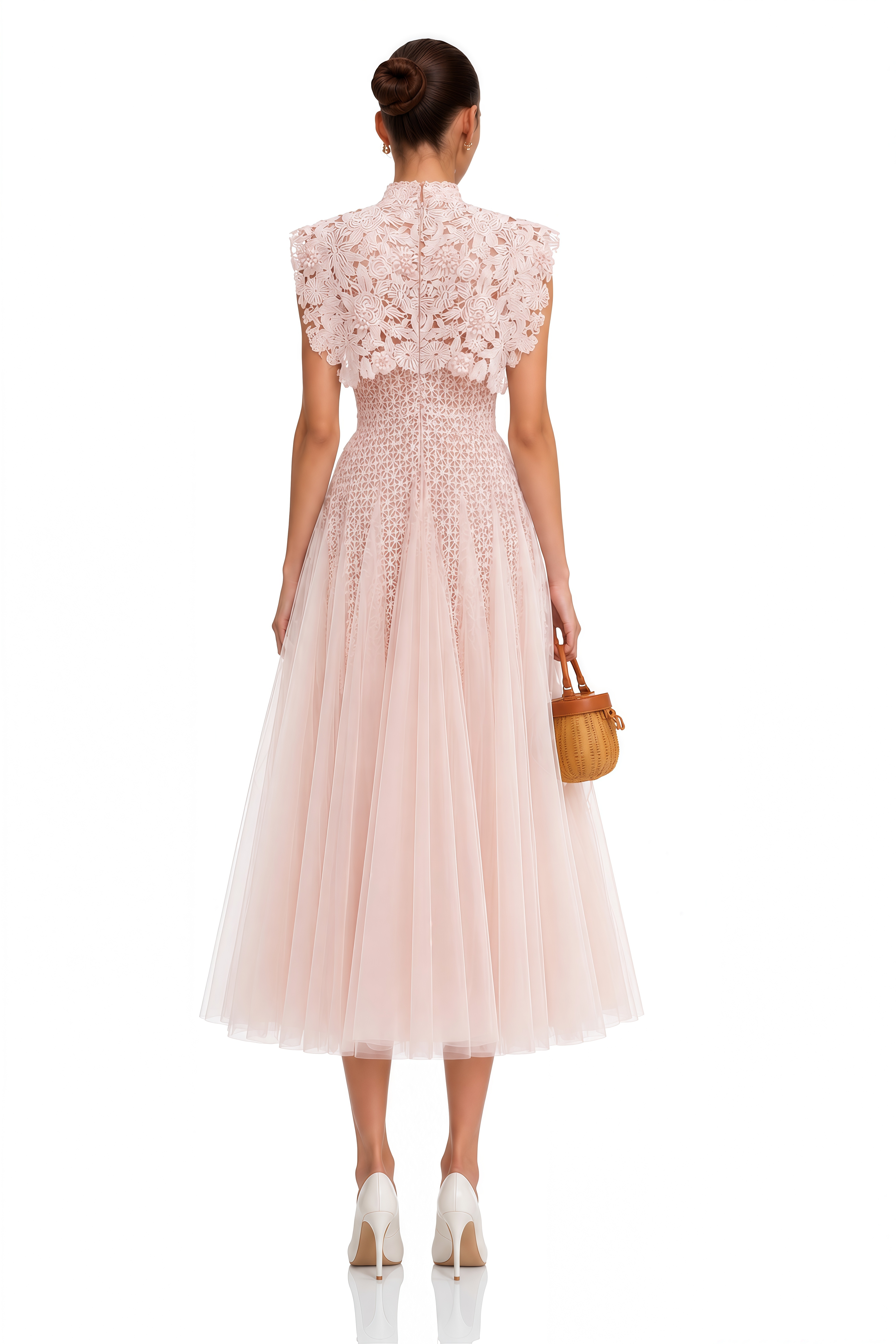 Margaret Light Pink Floral Crochet Midi Dress
