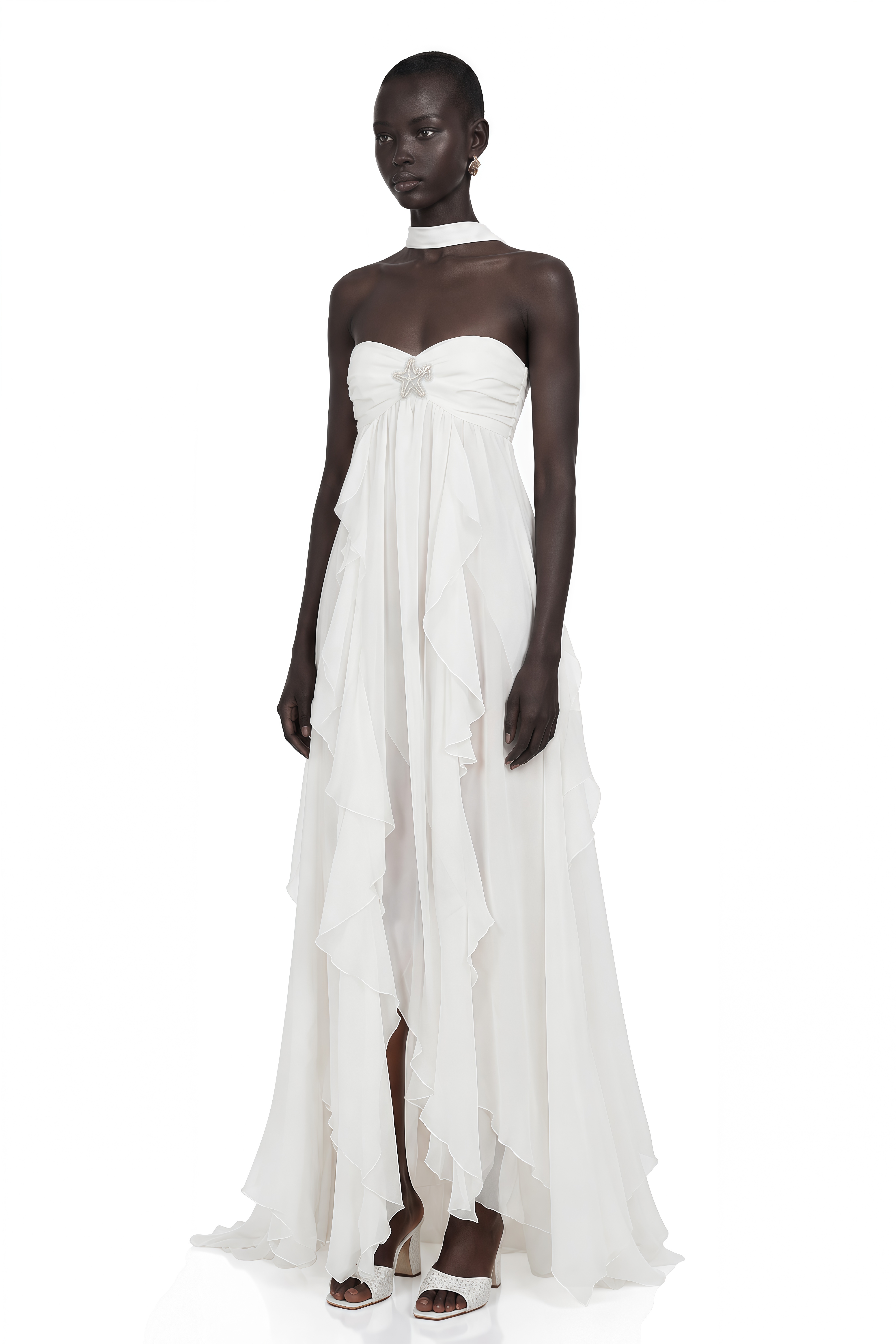Mariah White Chiffon Ruffle Halterneck Maxi Dress