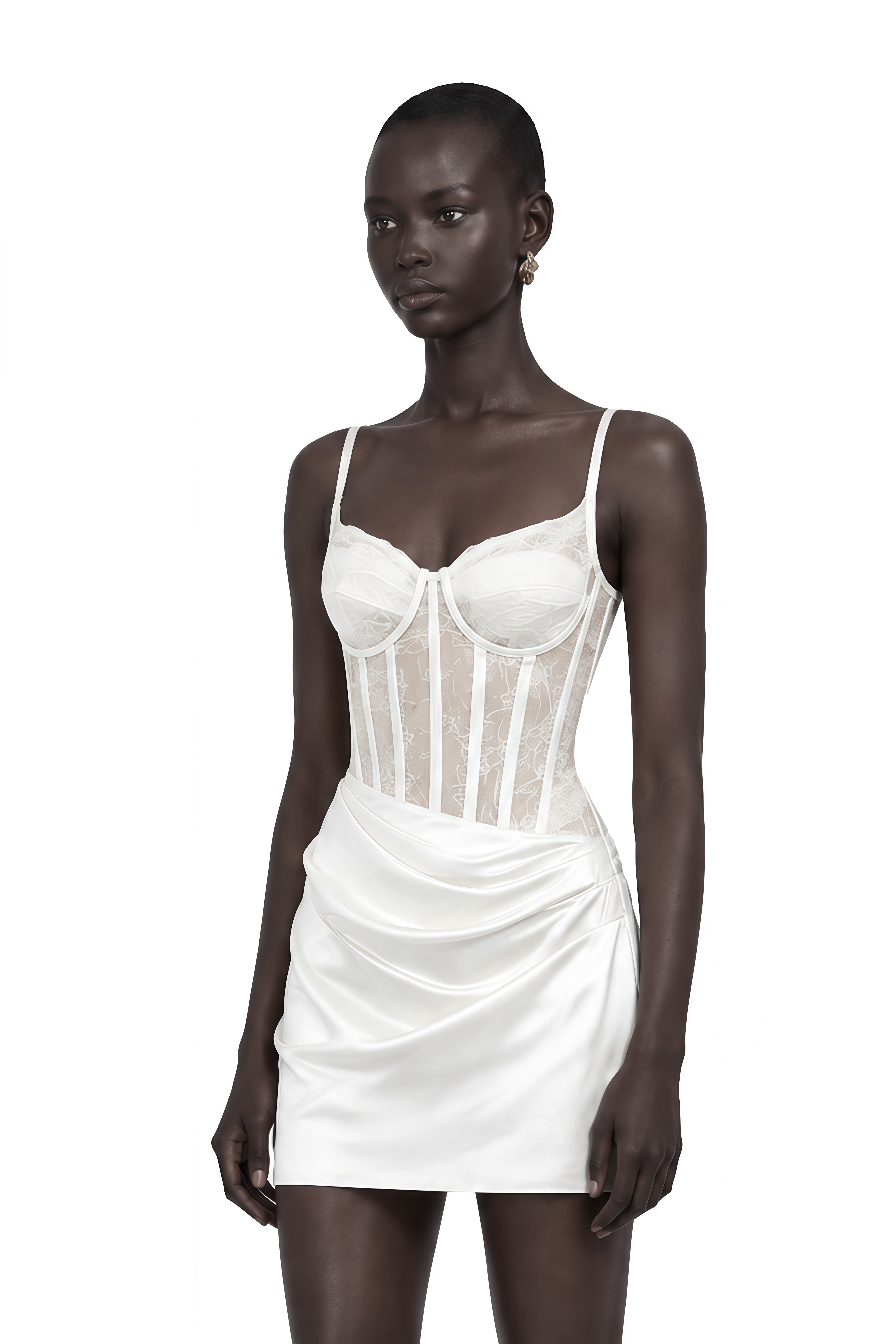 Eufrosina White Bodycon Mini Dress with Lace Panels