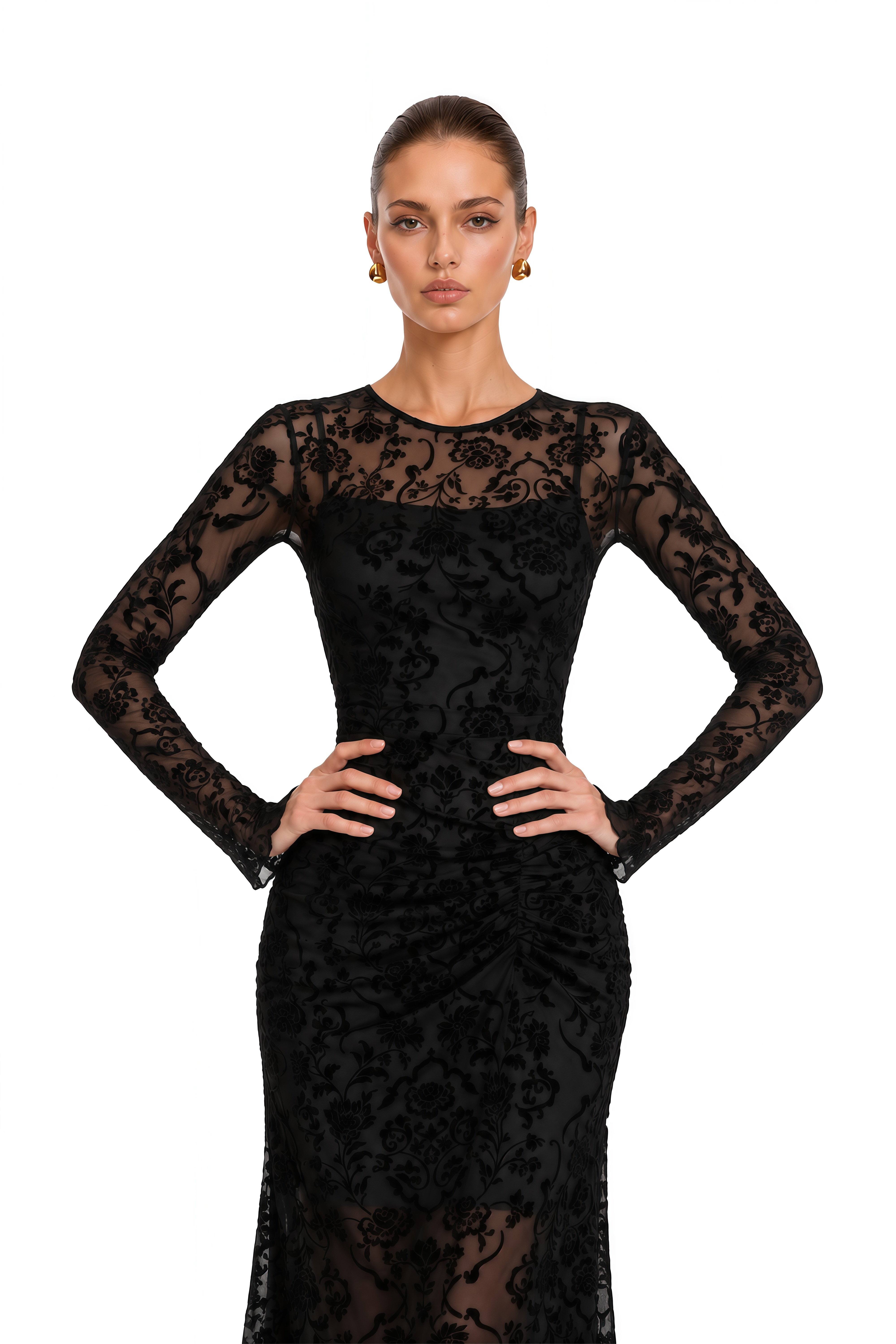 Kismet Black Flocked Floral Ruched Maxi Dress