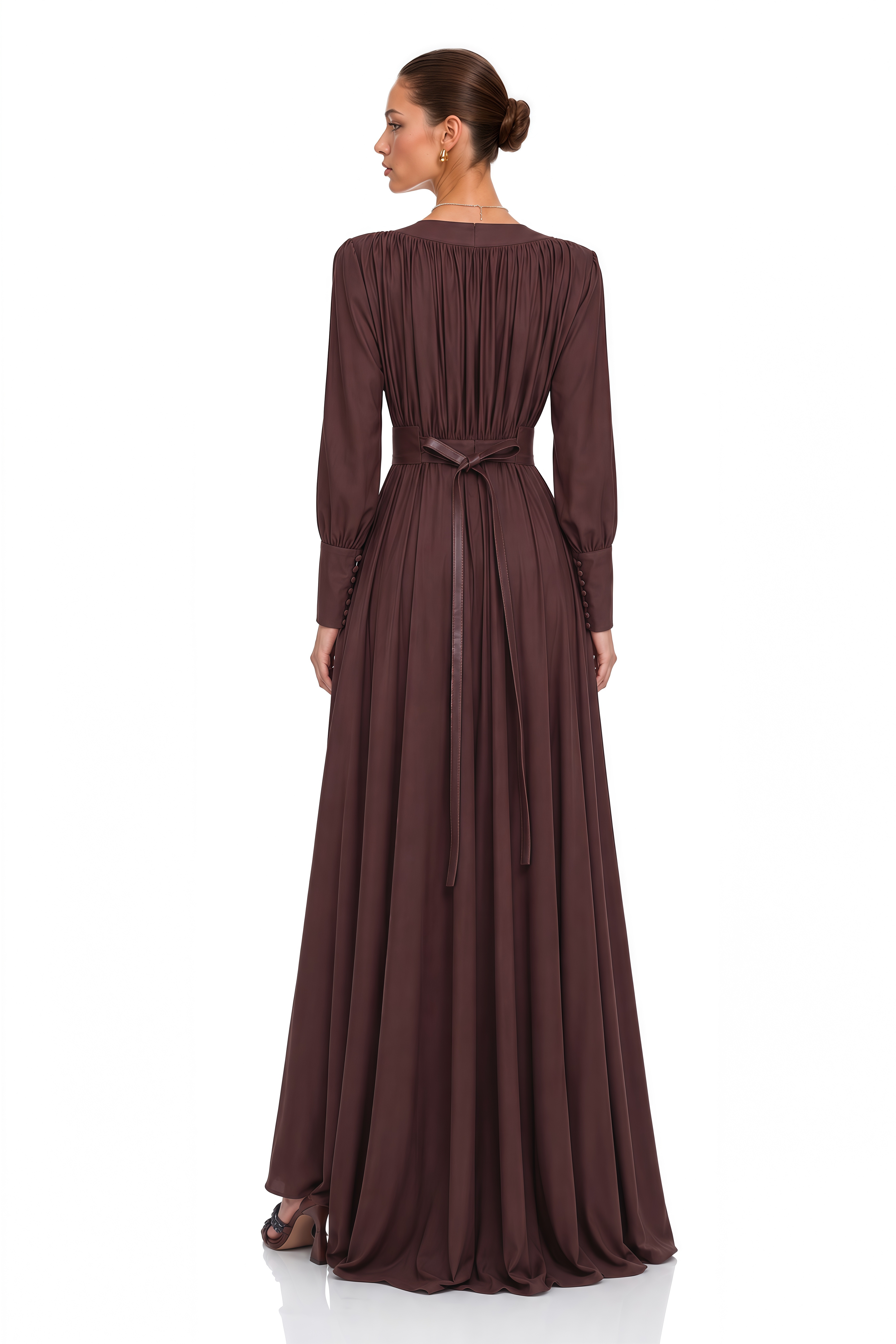 Eleanore Chocolate Brown V-Neck Ruched Maxi Dress