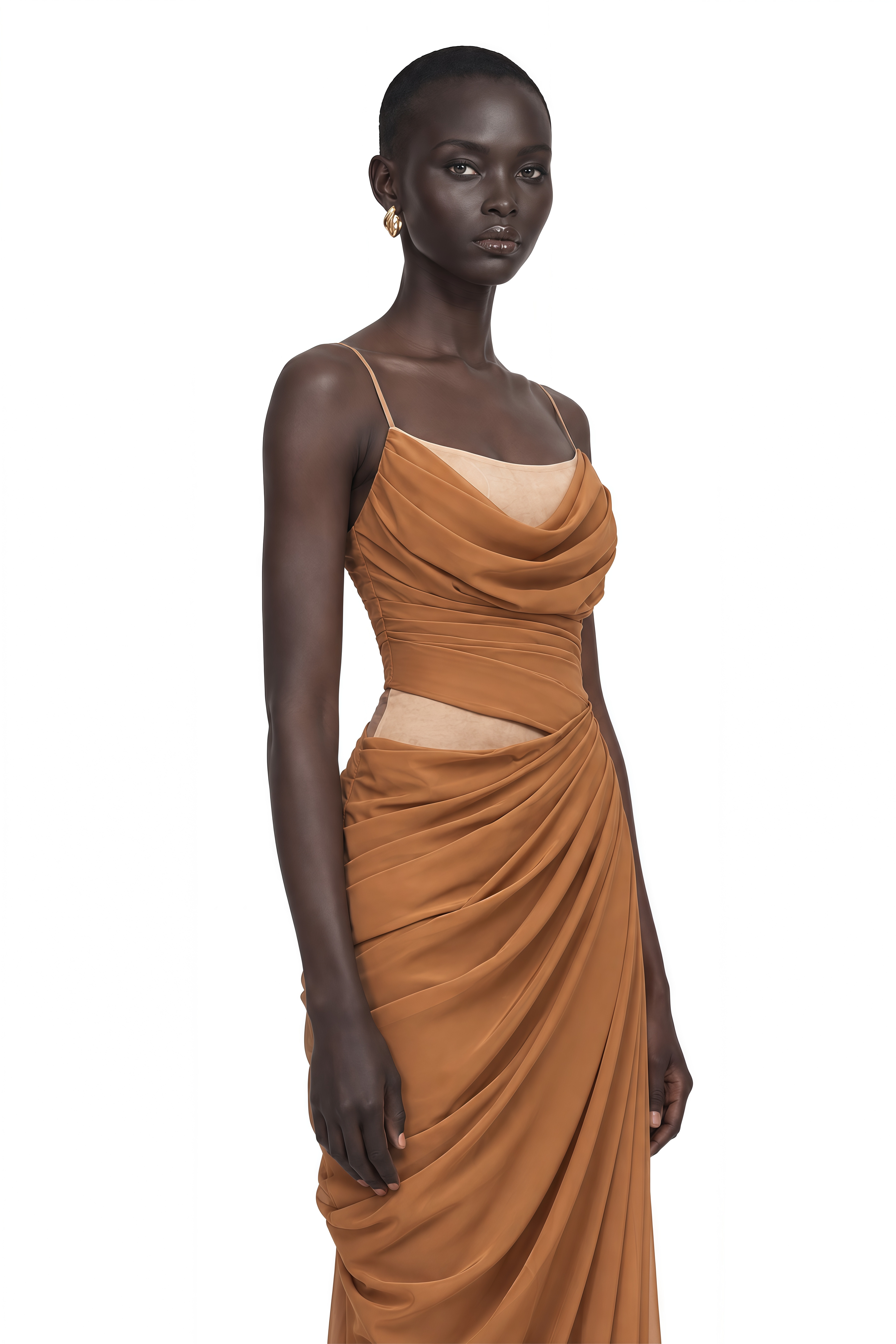 Charisa Khaki Draped Chiffon Maxi Dress