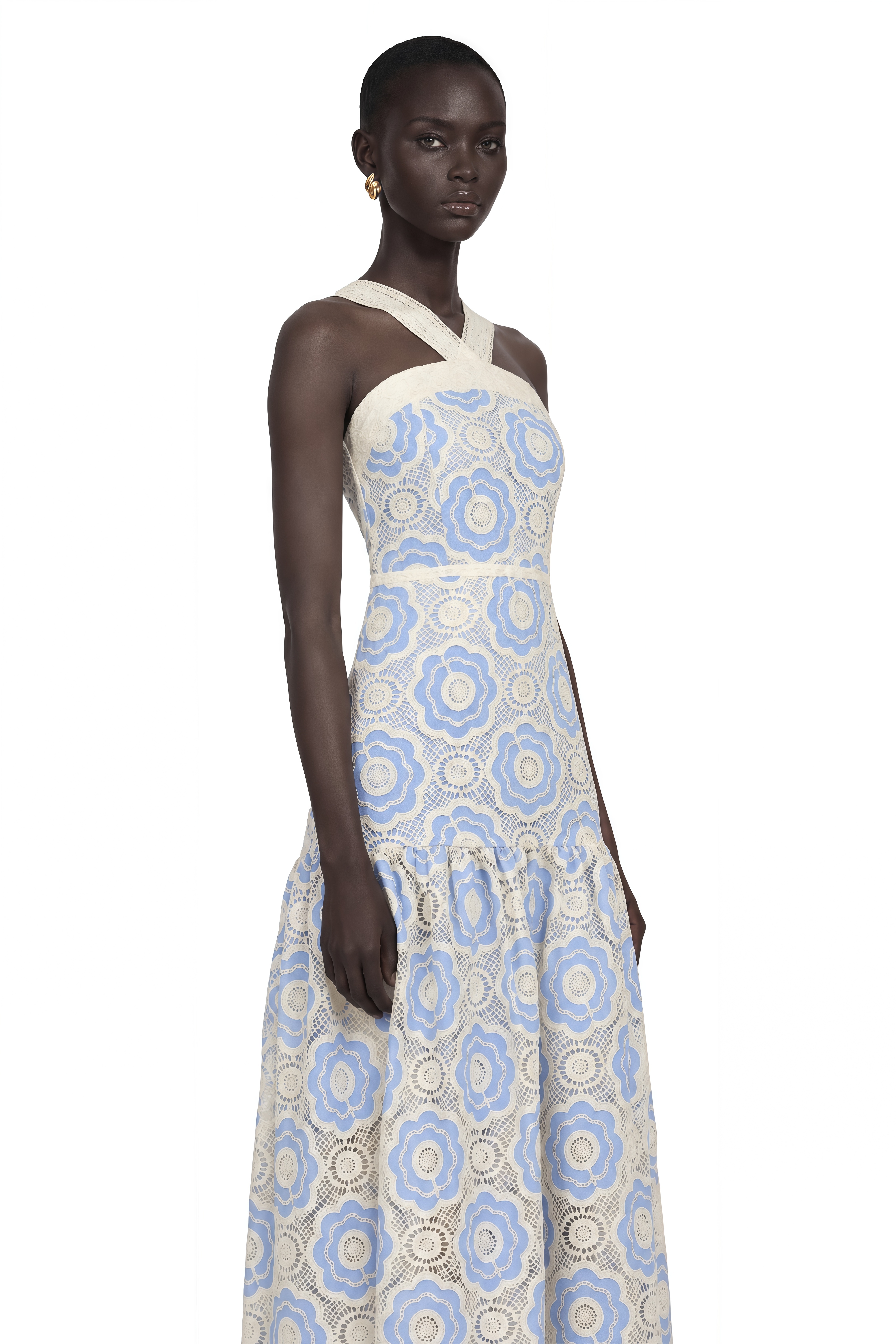Frivole Blue Crochet Floral Midi Dress