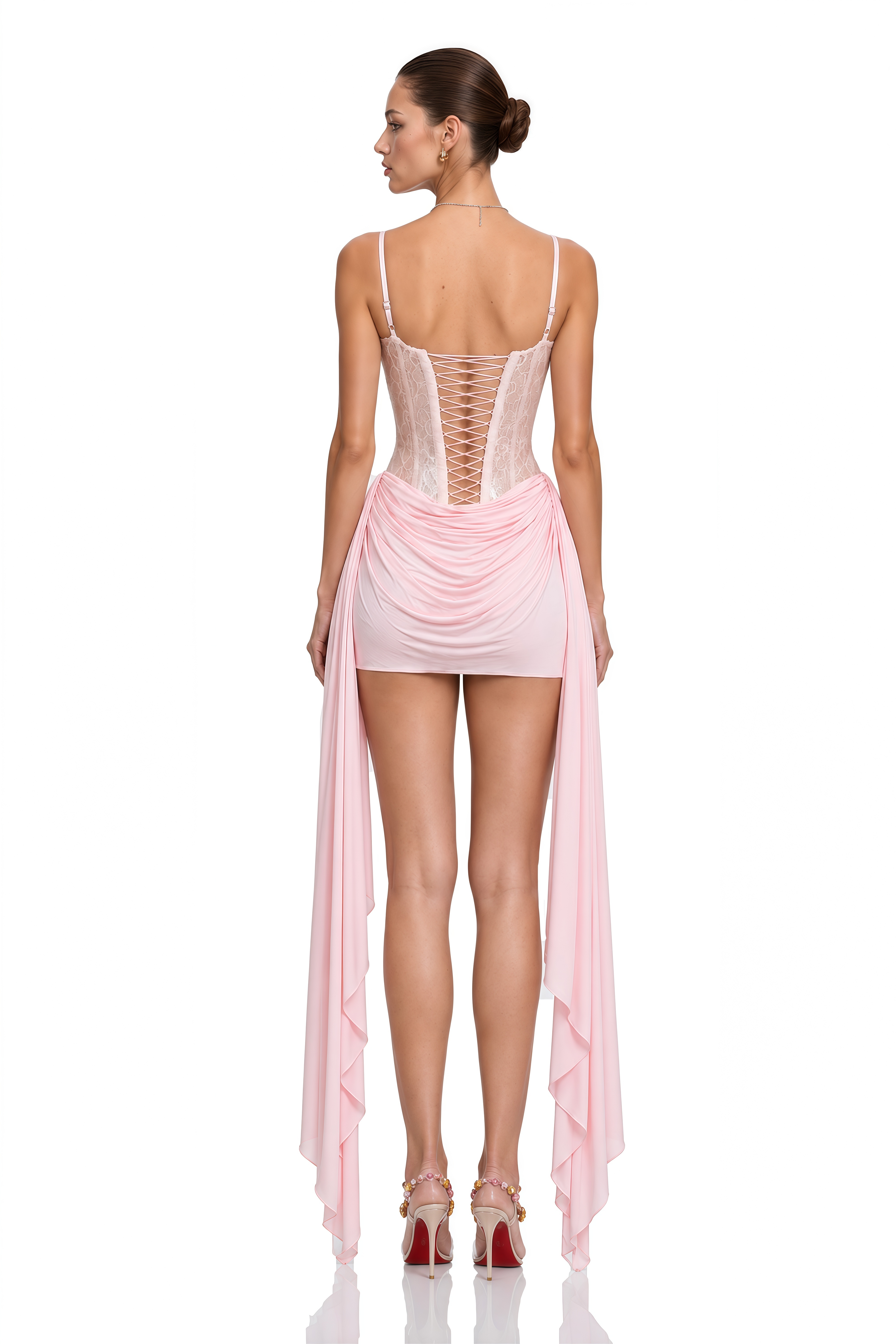 Wilhelmina Pink Ruched Mini Dress with Ribbon Detail