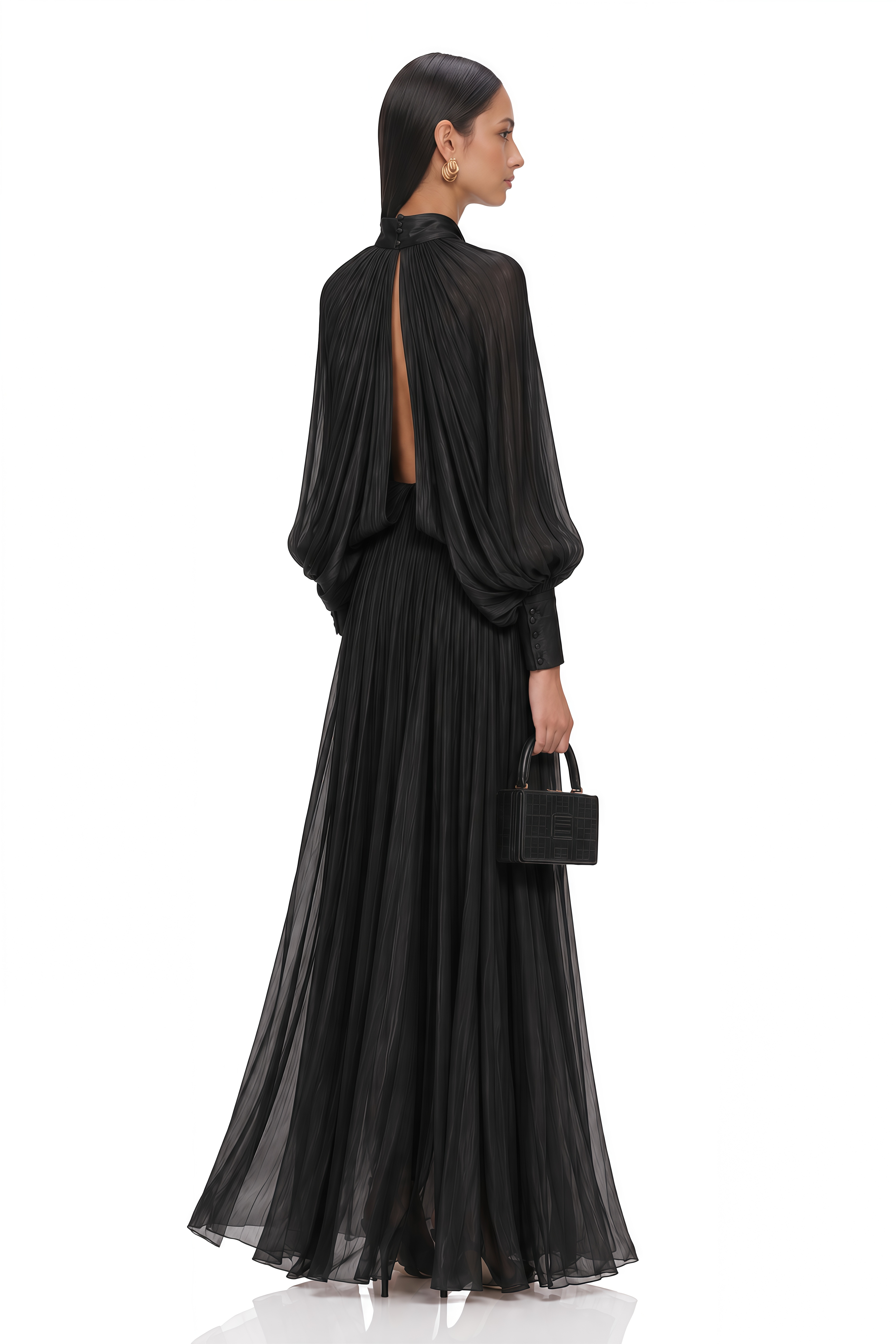 Mila Pleated Satin Maxi Dress in Black