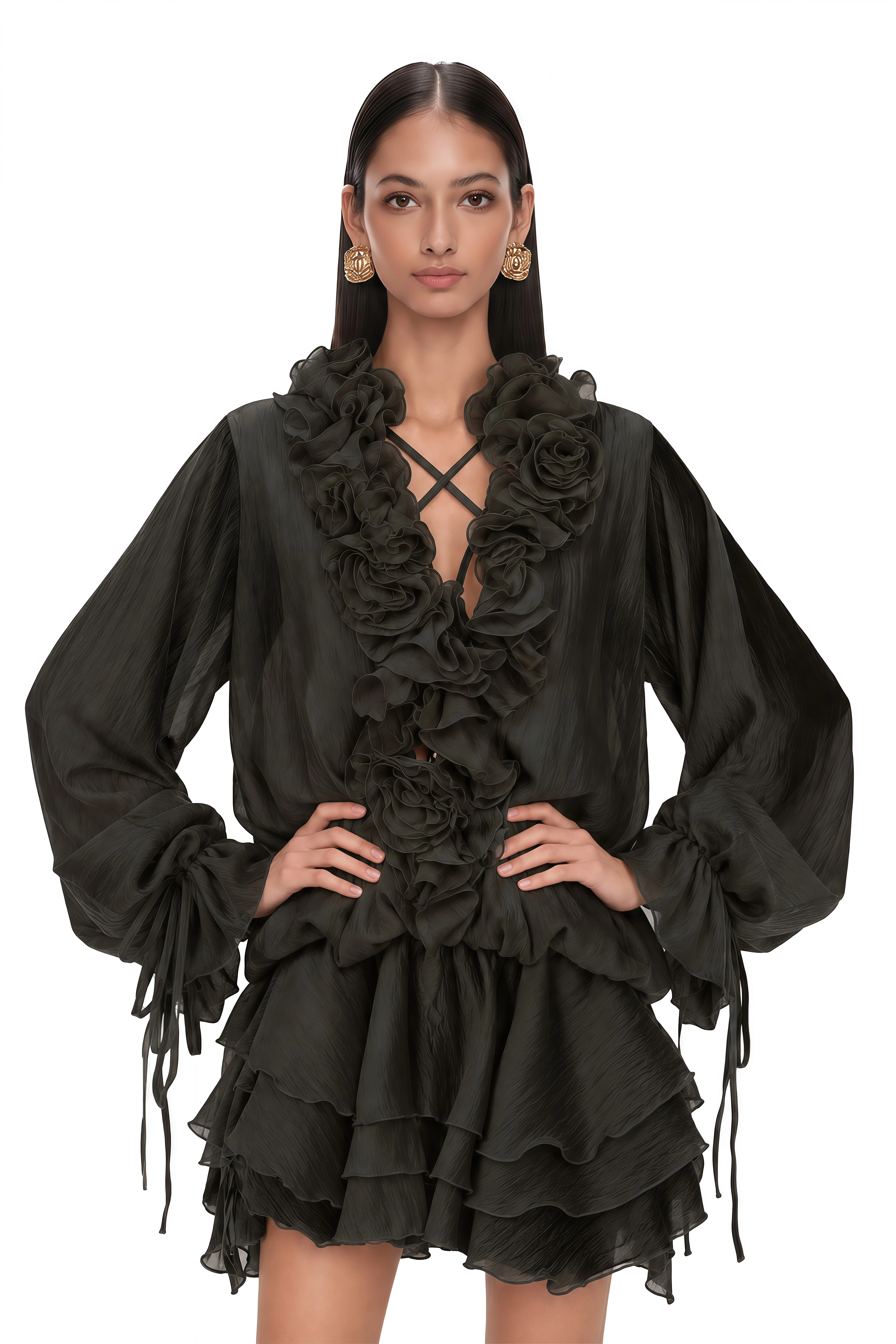 Zéphyrine Floral-Appliqué Tiered Mini Dress in Black