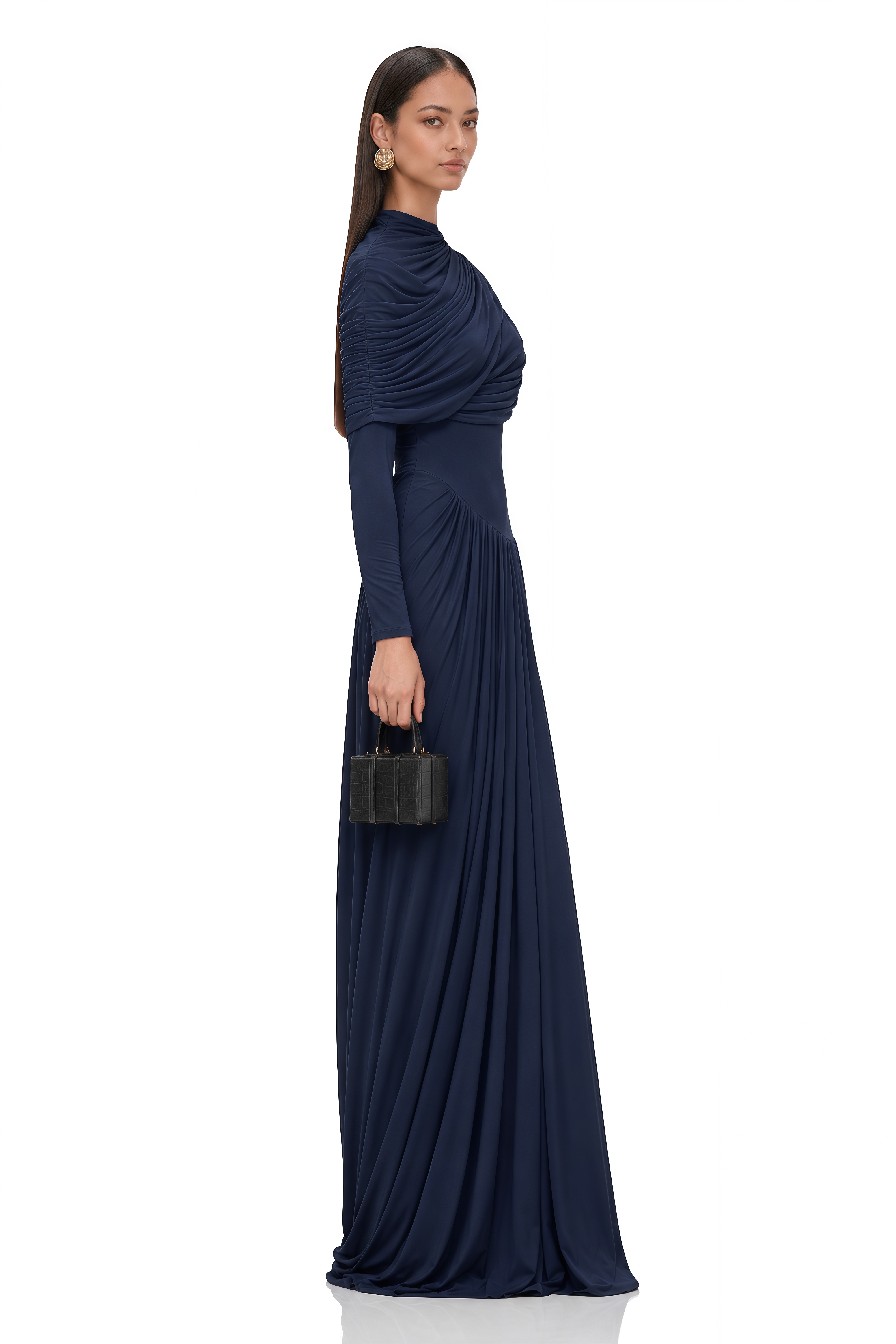 Catherine Navy-Blue Asymmetrical Pleated Long-Sleeve Maxi Dress