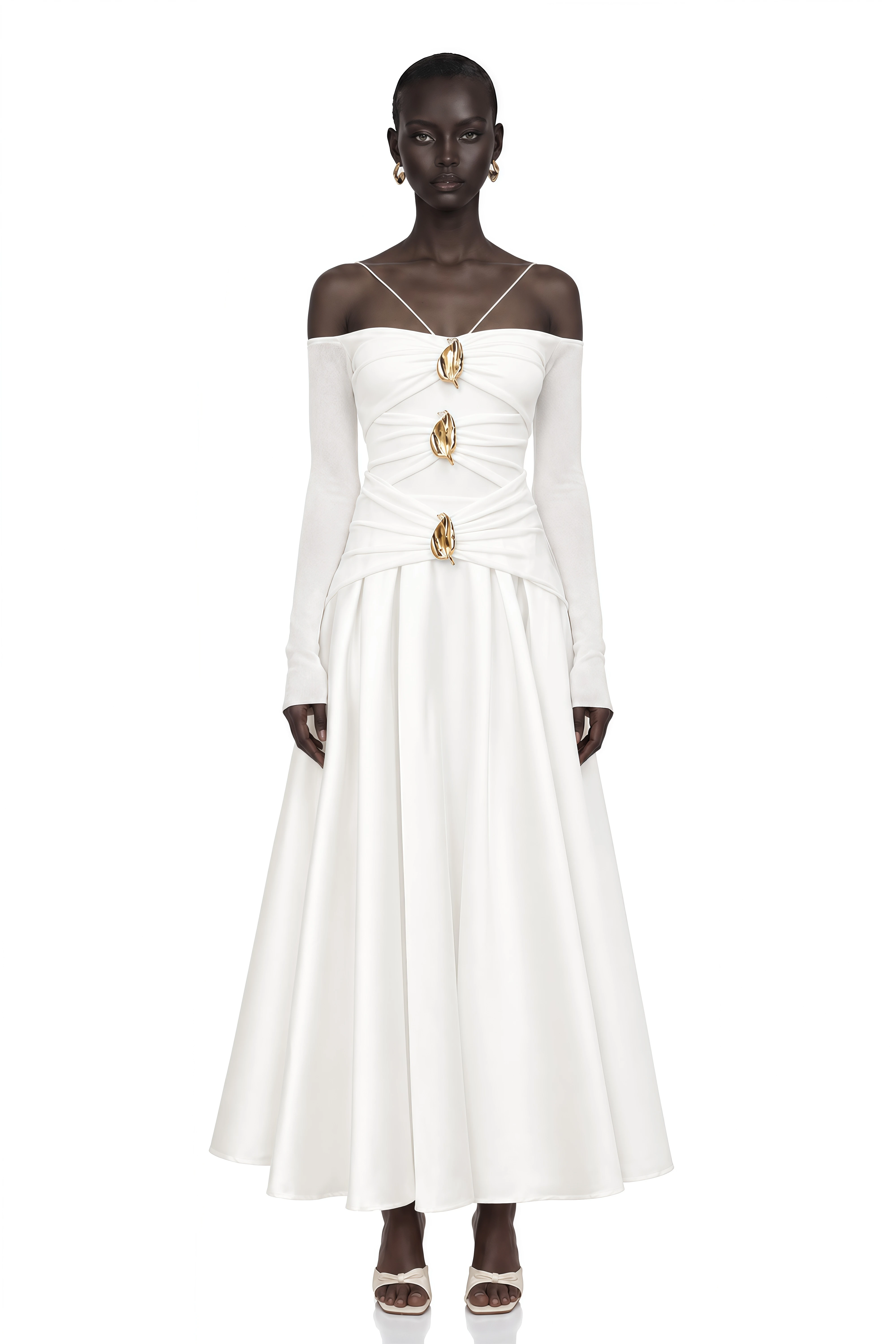 Nadine Off-Shoulder Paneled Maxi Dress in White