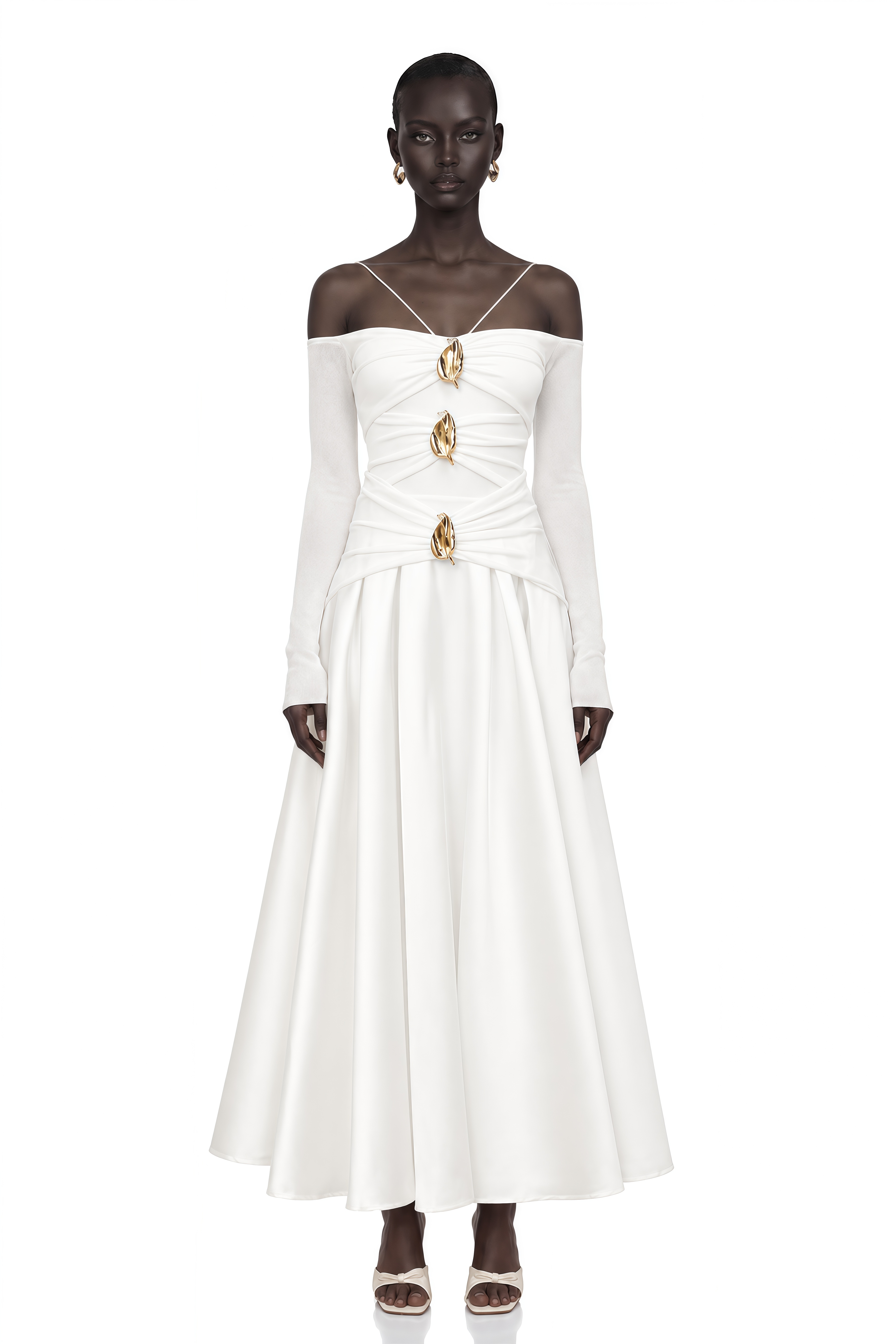 Nadine Off-Shoulder Paneled Maxi Dress in White
