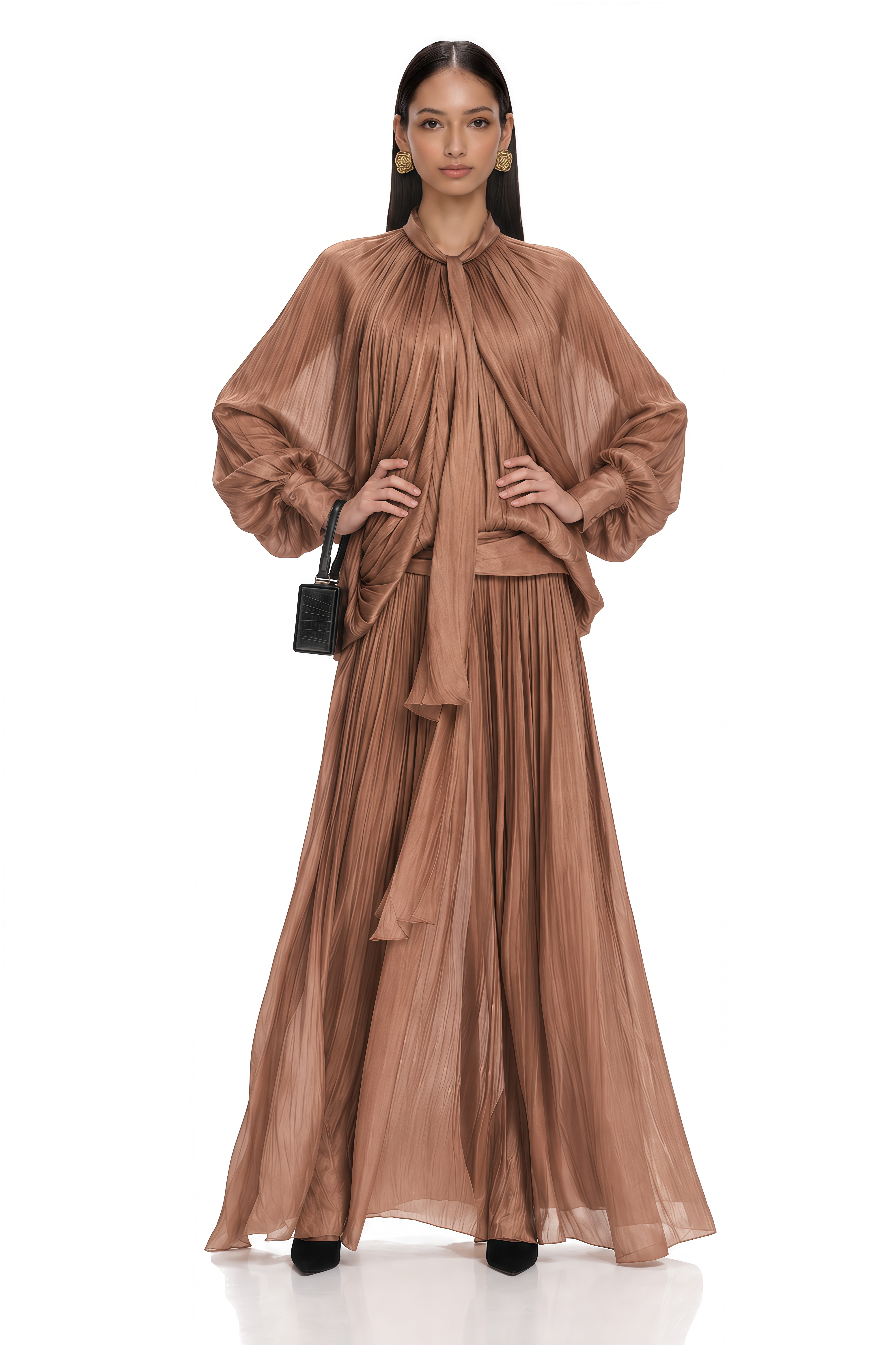 Mila Brown Pleated Satin Maxi Dress