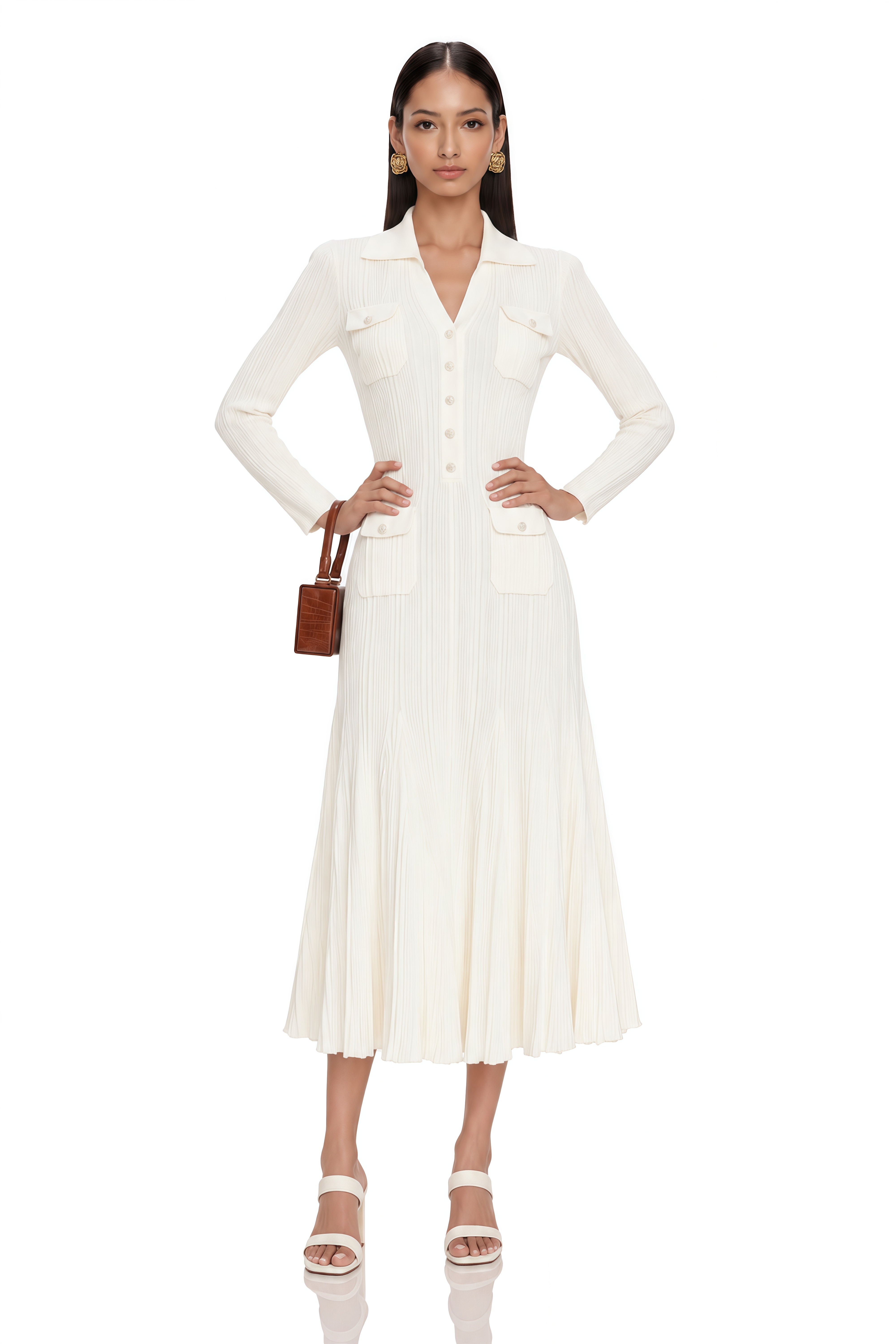 Nouria White Mermaid-Hem Knit Midi Dress