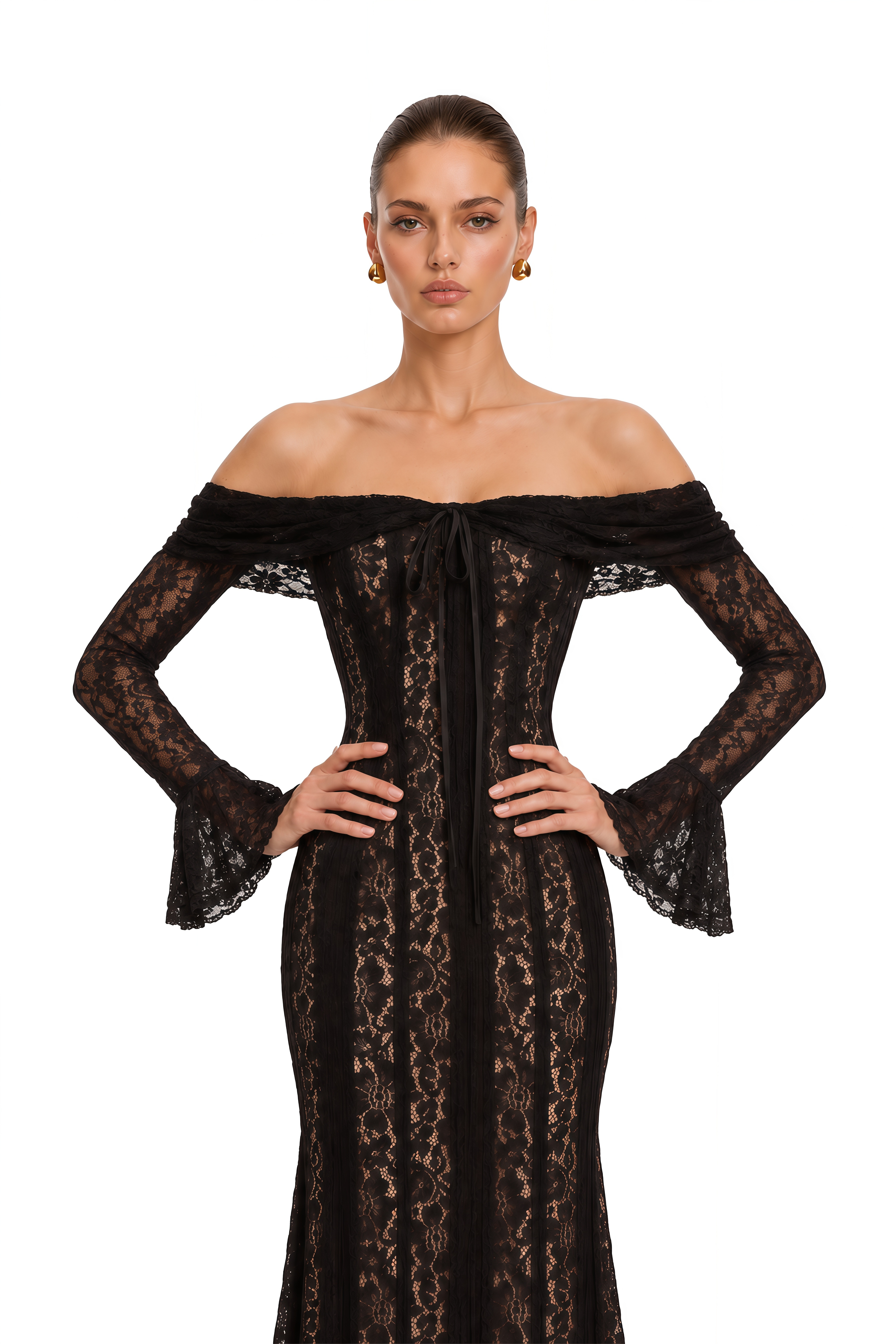 Émeline Floral Lace Flared-Cuff Midi Dress in Black