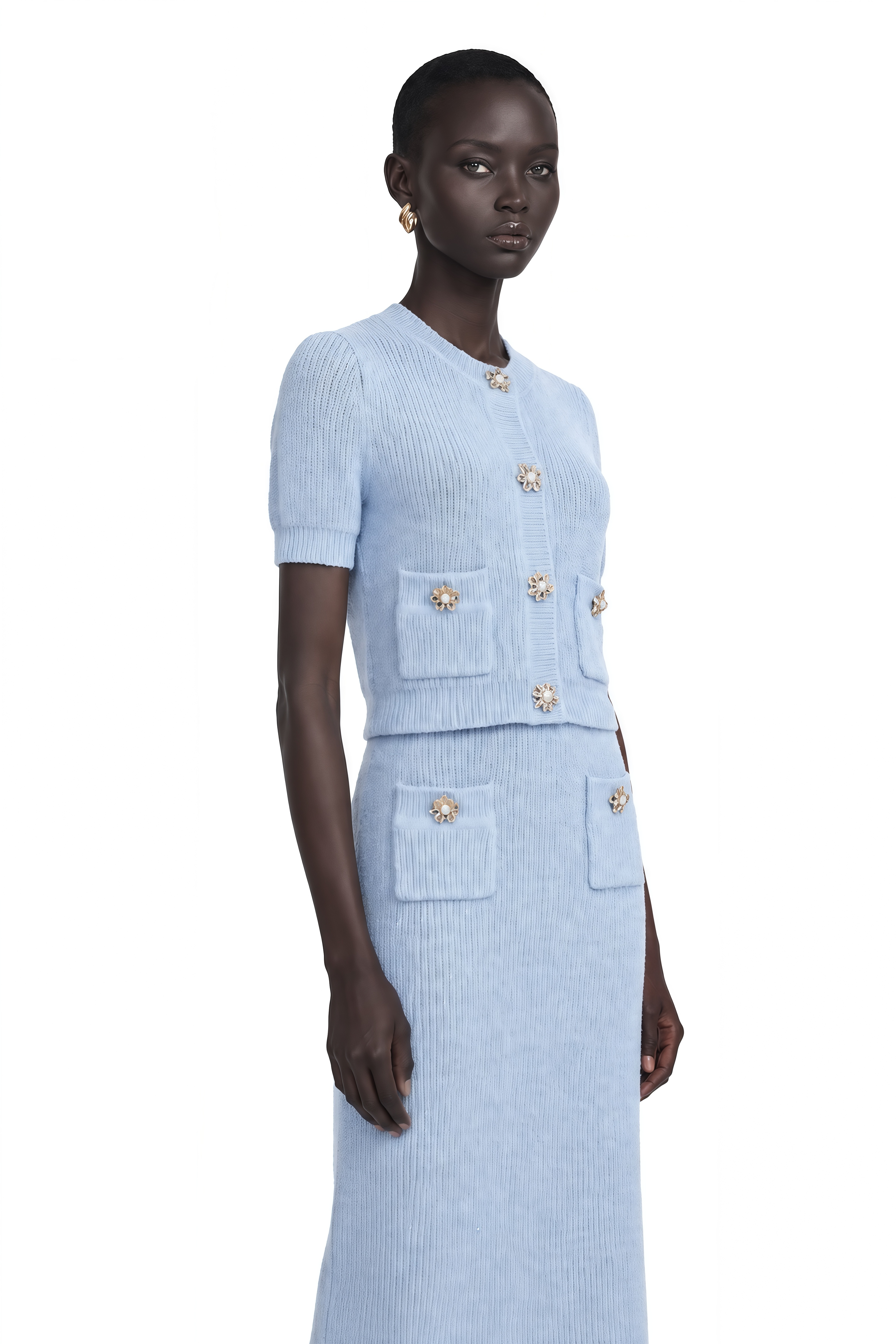 Chantal Blue Knit Two-Piece Blouse and Skirt Set